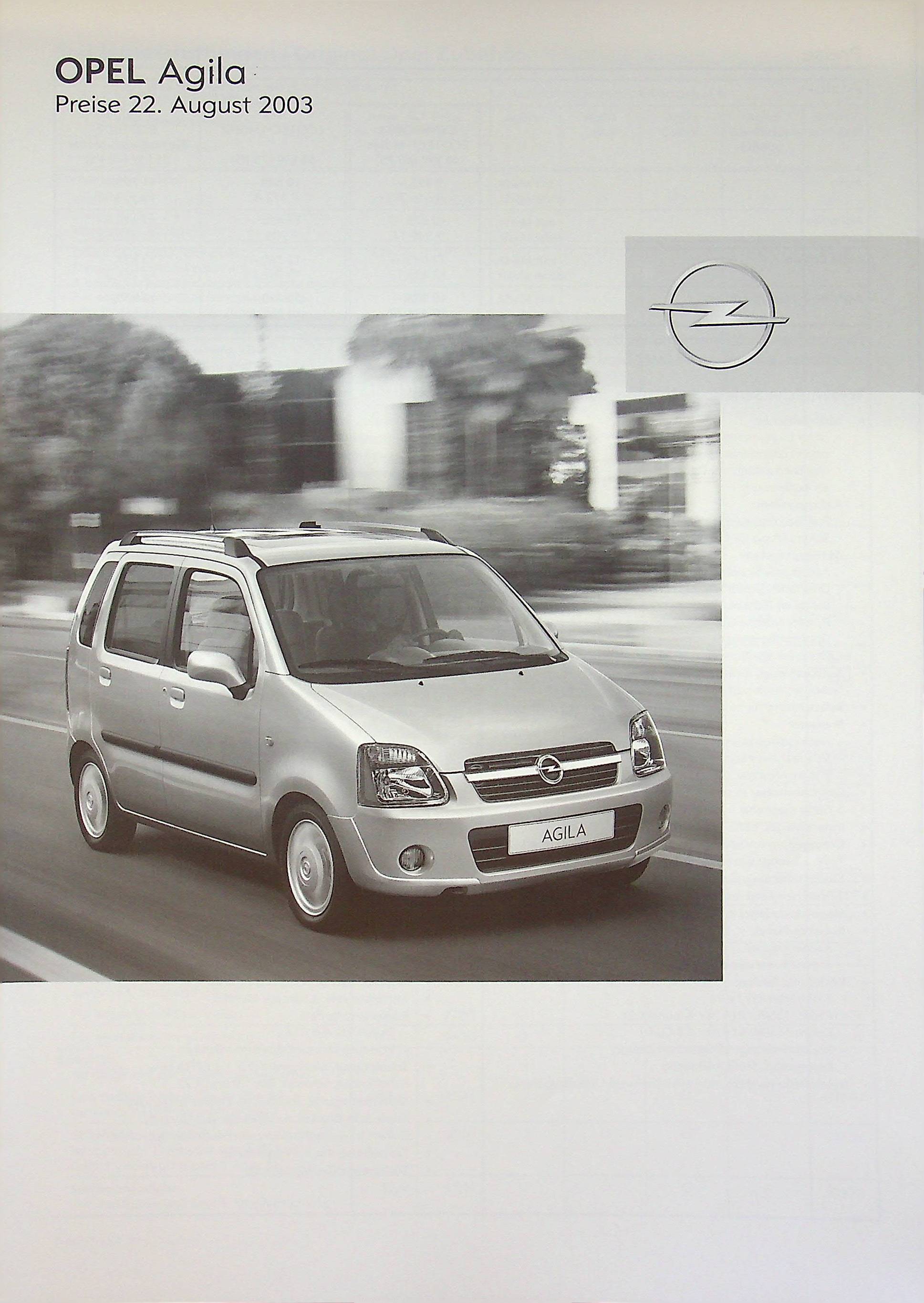 Opel Agila - Preisliste & Extras - Prospekt 08/2003