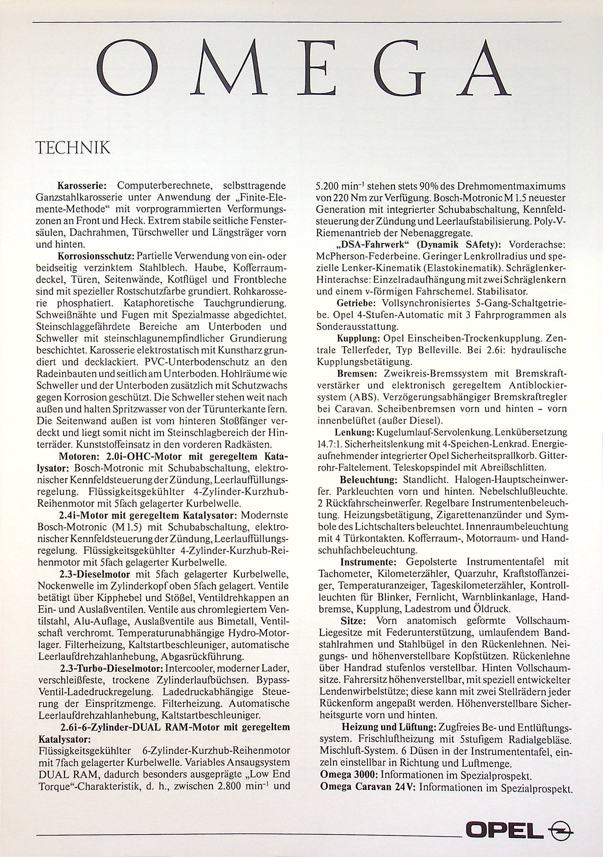 Opel Omega A - technische Daten & Ausstattungen - Prospekt 02/1991