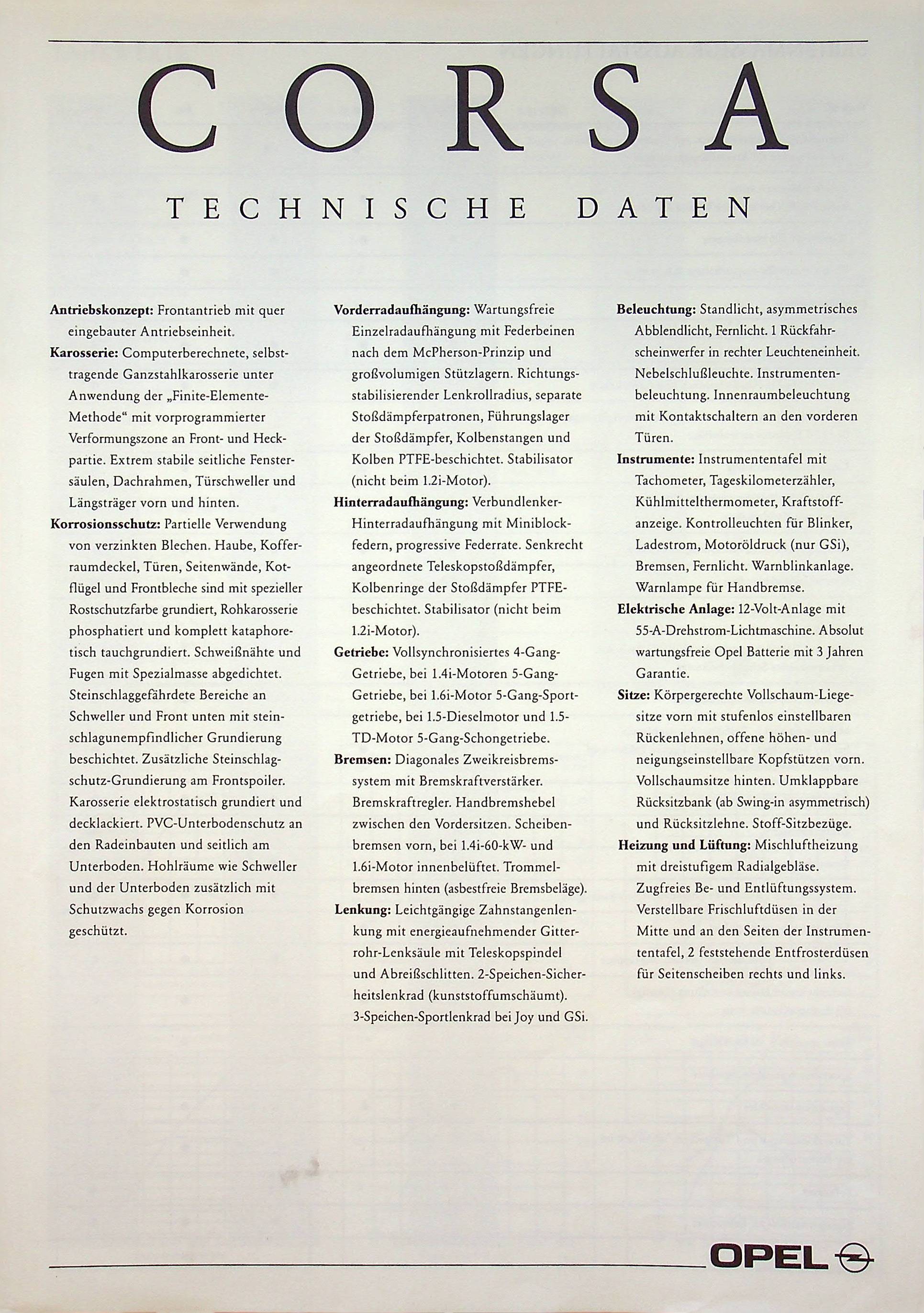 Opel Corsa A - technische Daten & Ausstattungen - Prospekt 03/1992