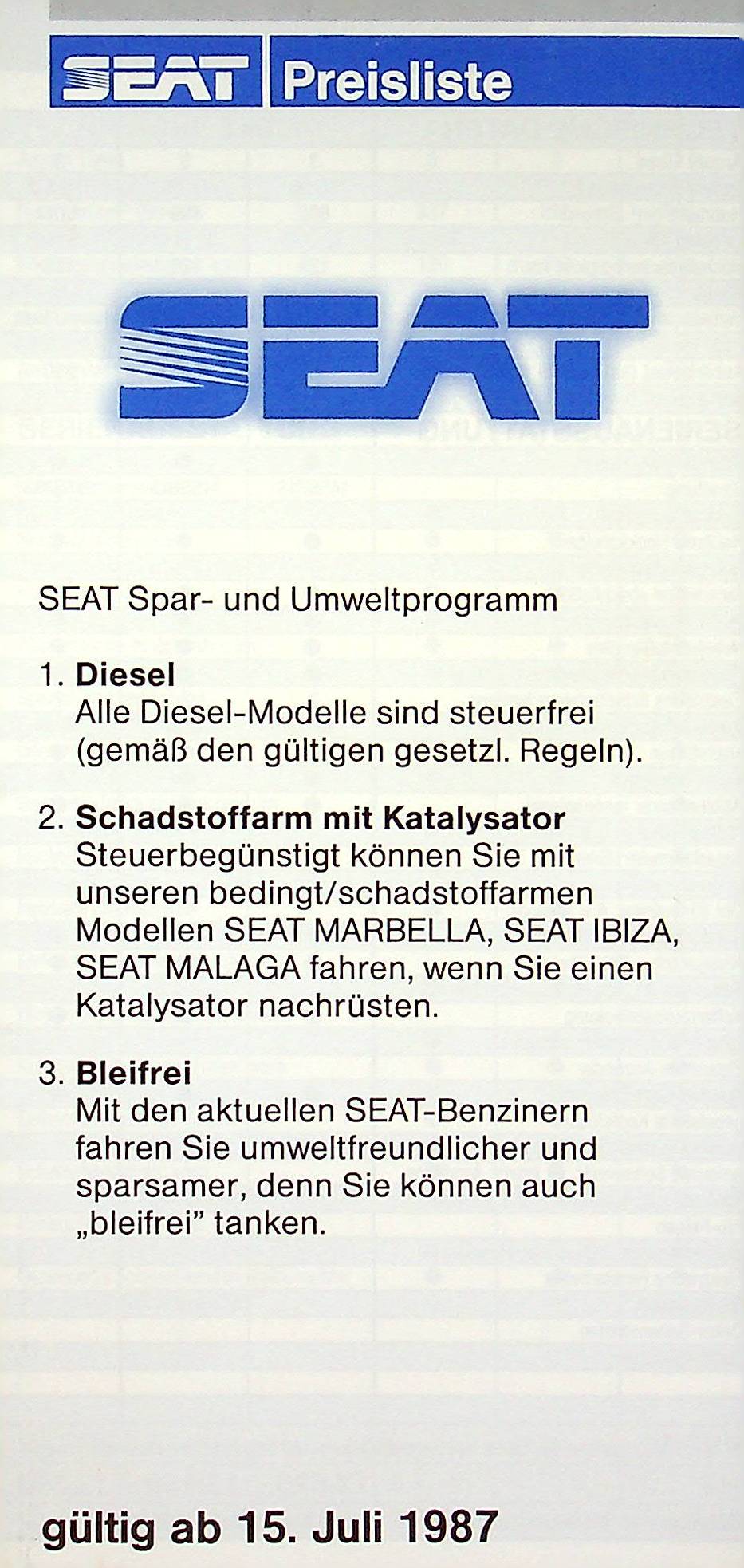Seat Marbella Ibiza Malaga - Preisliste & Extras - Prospekt 07/1987