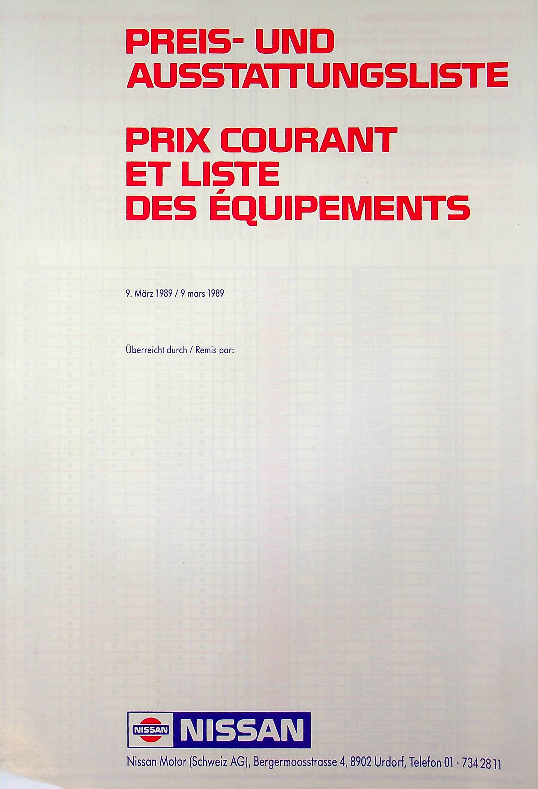 Nissan Micra 200 SX 300 ZX Patrol - Preisliste - Schweiz - Prospekt 03/1989
