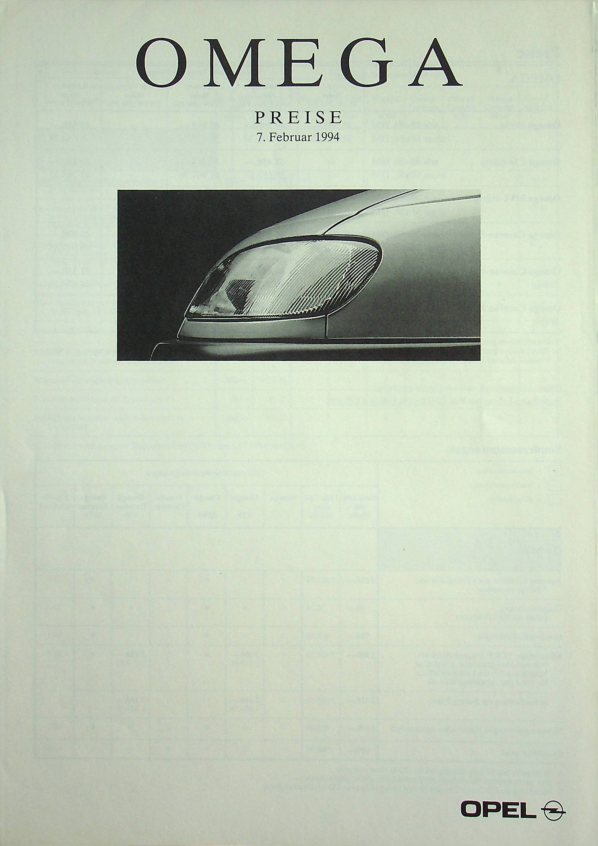 Opel Omega B - Preisliste & Extras - Prospekt 02/1994