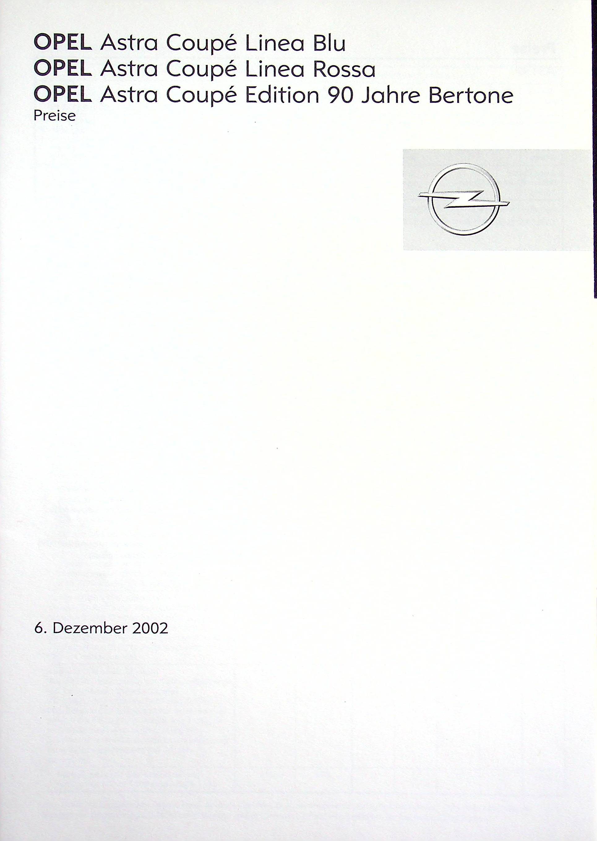 Opel Astra Coupe Linea - Preisliste & Extras - Prospekt 12/2002