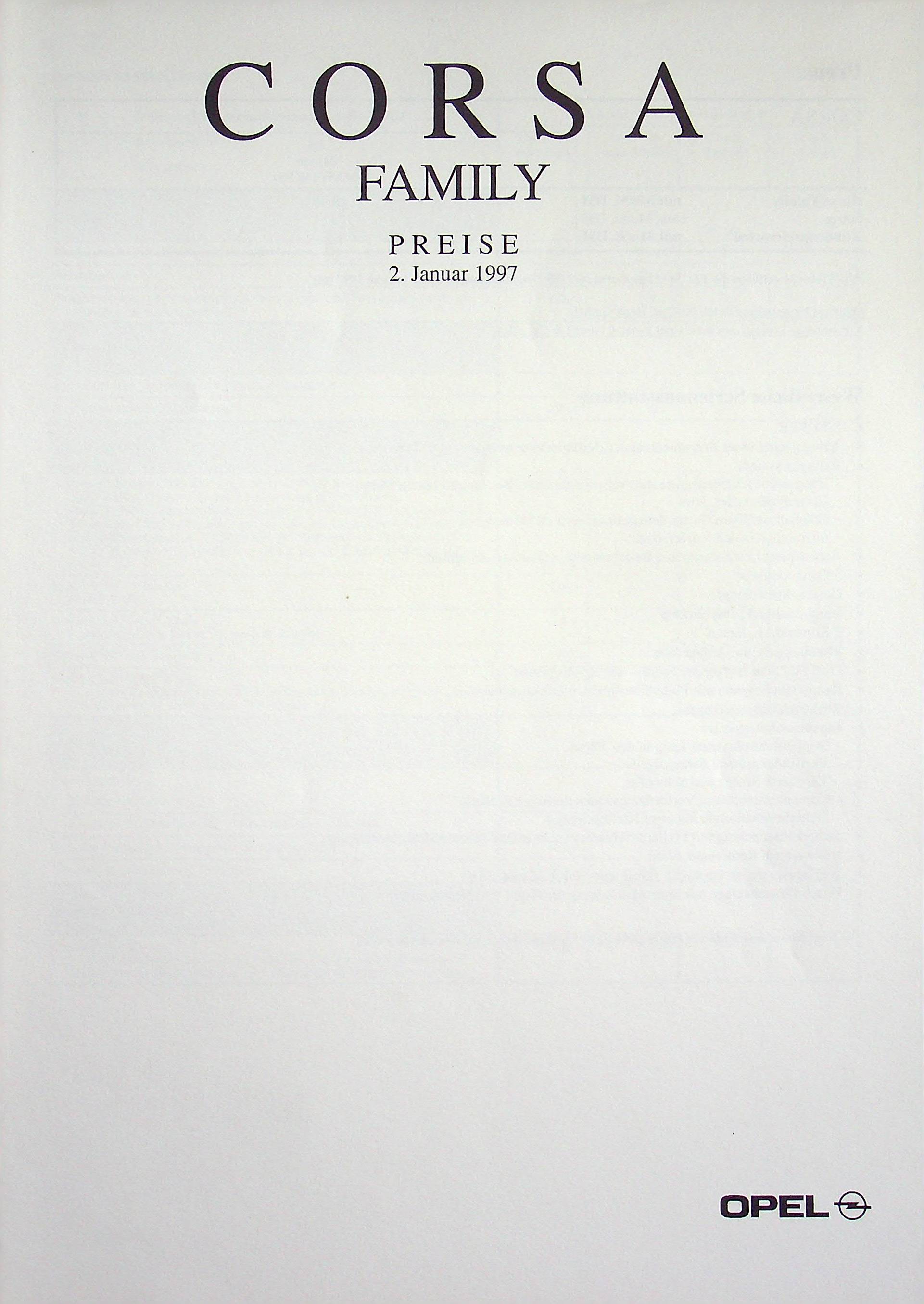 Opel Corsa B - Family - Preisliste & Extras - Prospekt 01/1997