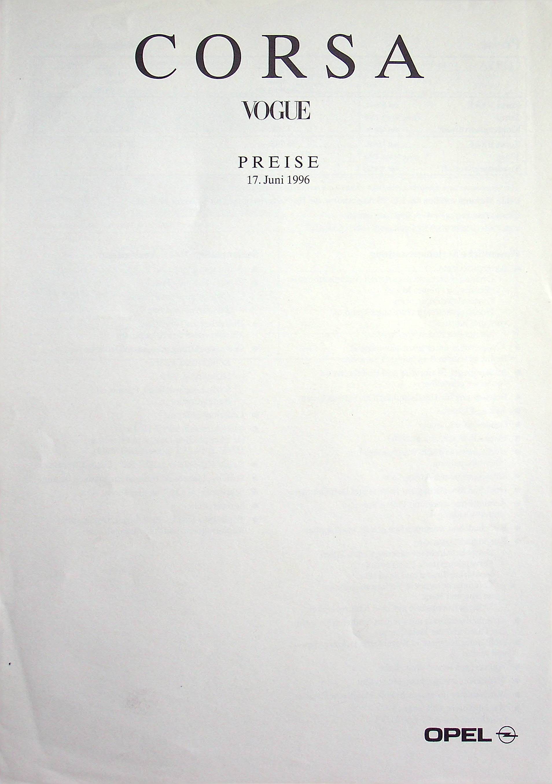 Opel Corsa B - Vogue - Preisliste & Extras - Prospekt 06/1996