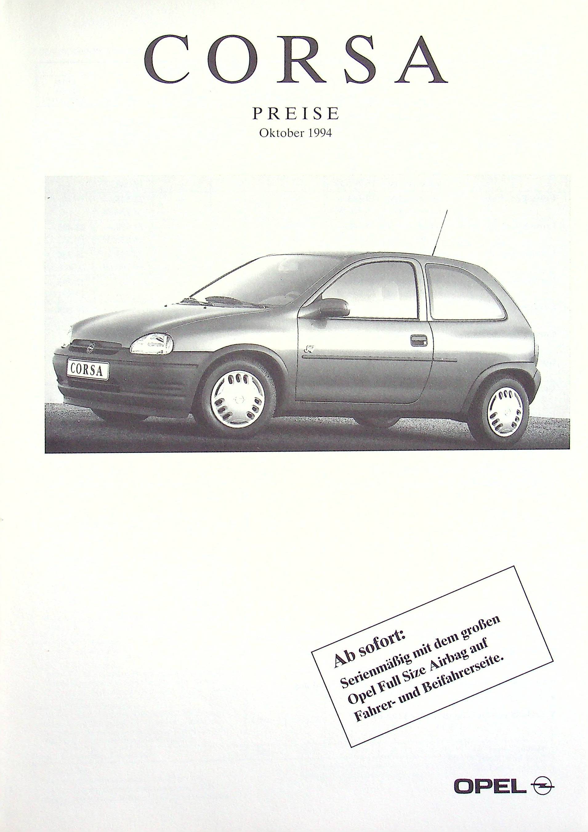 Opel Corsa B - Preisliste & Extras - Prospekt 10/1994