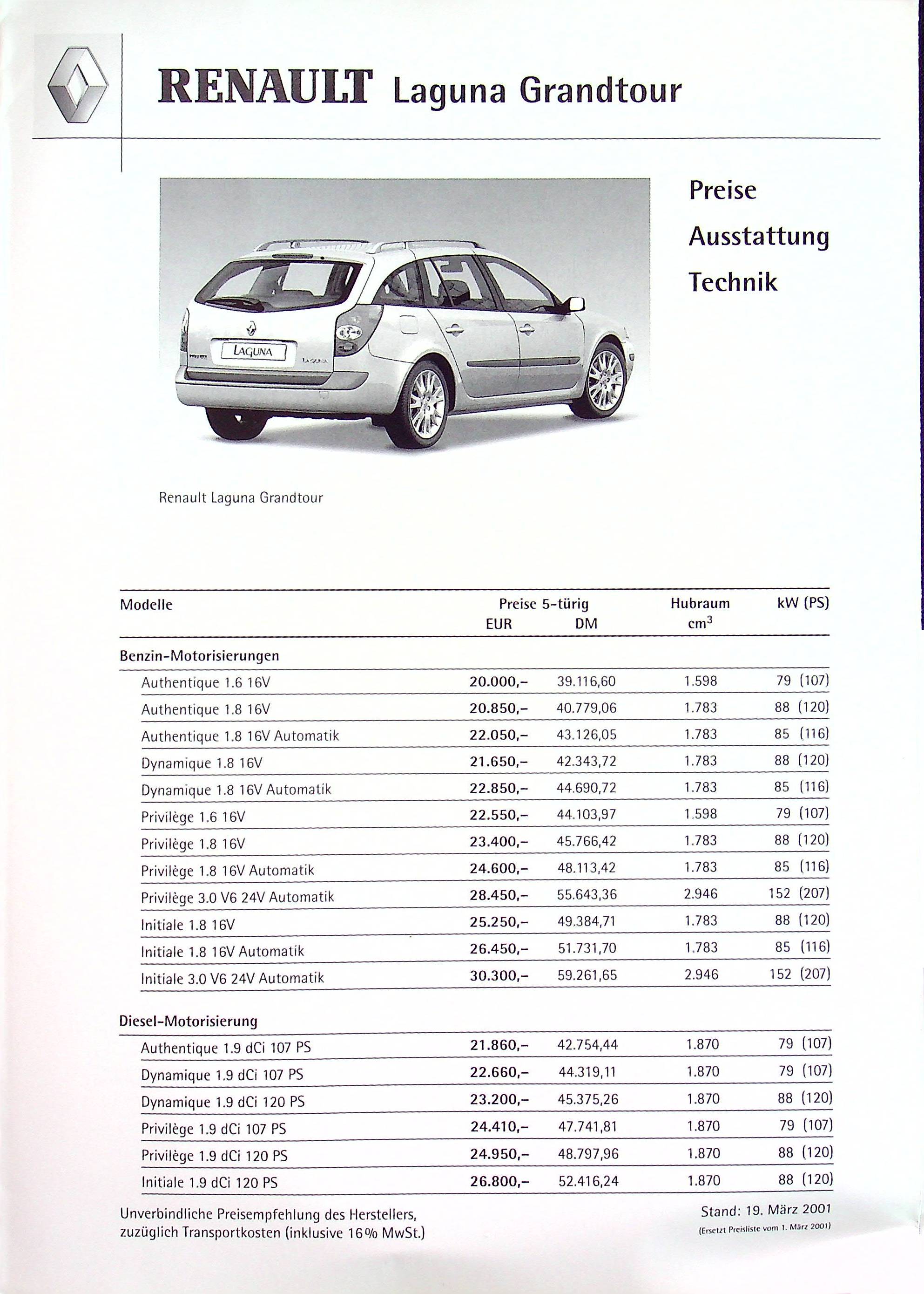 Renault Laguna Grandtour - Preisliste & Extras - Prospekt 03/2001