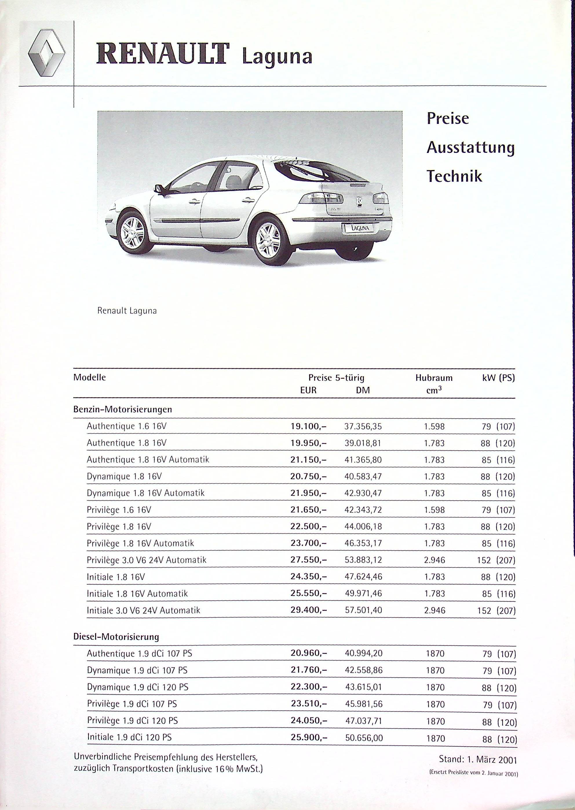 Renault Laguna - Preisliste & Extras - Prospekt 03/2001