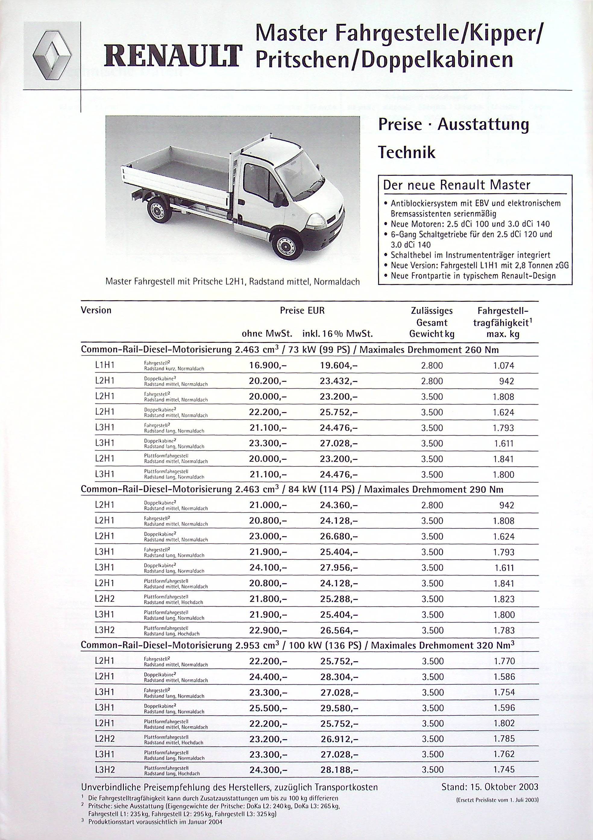 Renault Master Pritsche - Preisliste & Extras - Prospekt 10/2003