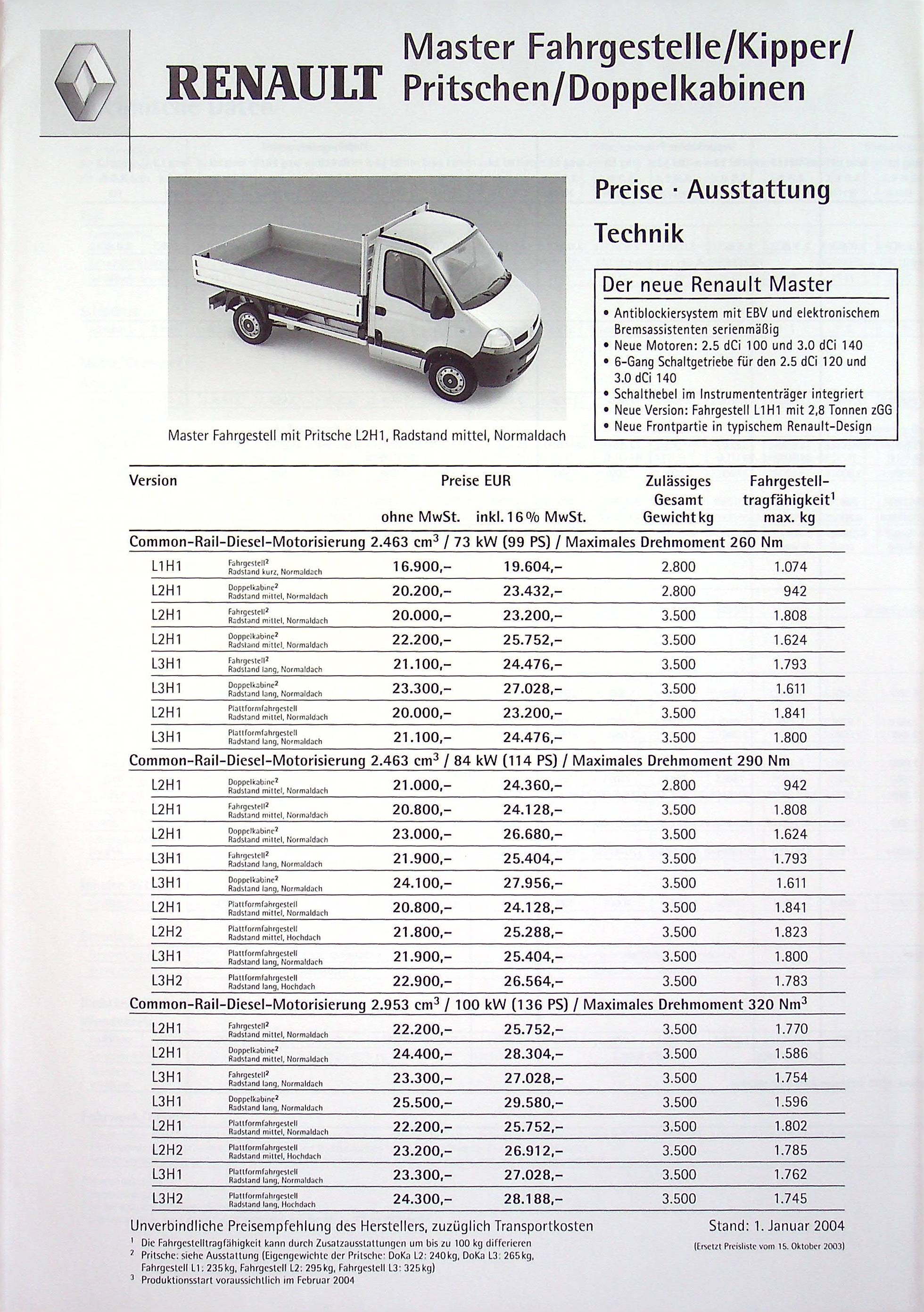 Renault Master Pritsche - Preisliste & Extras - Prospekt 01/2004