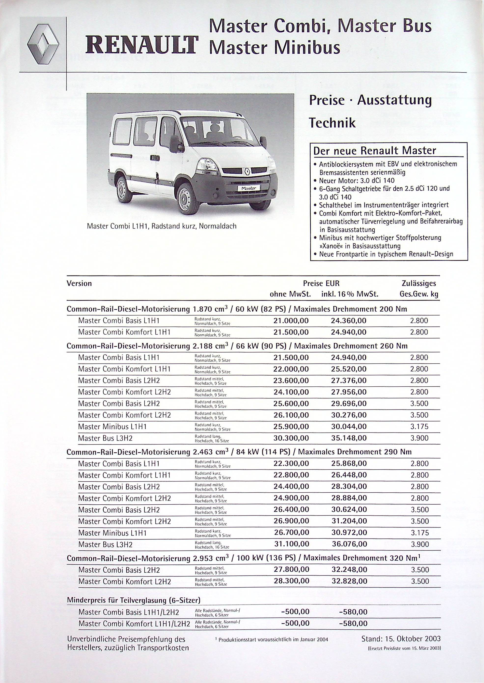 Renault Master Combi - Preisliste & Extras - Prospekt 10/2003