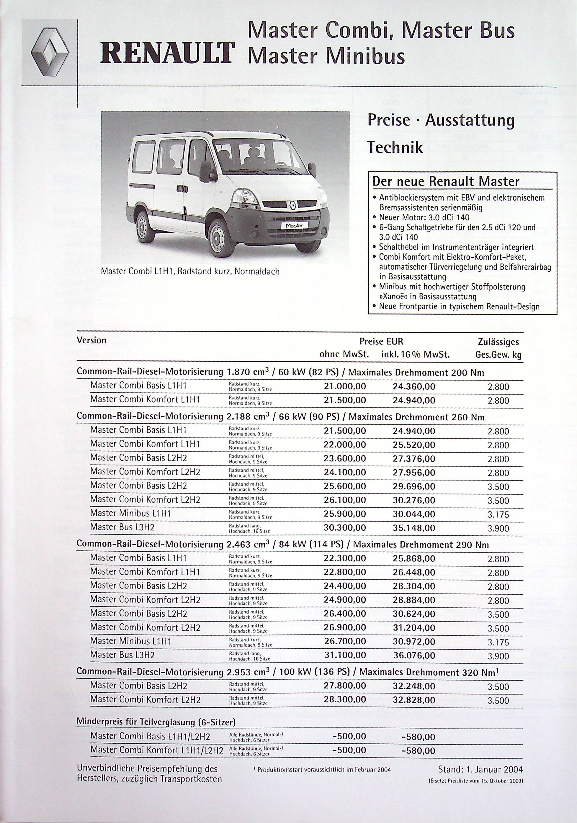 Renault Master Combi - Preisliste & Extras - Prospekt 01/2004