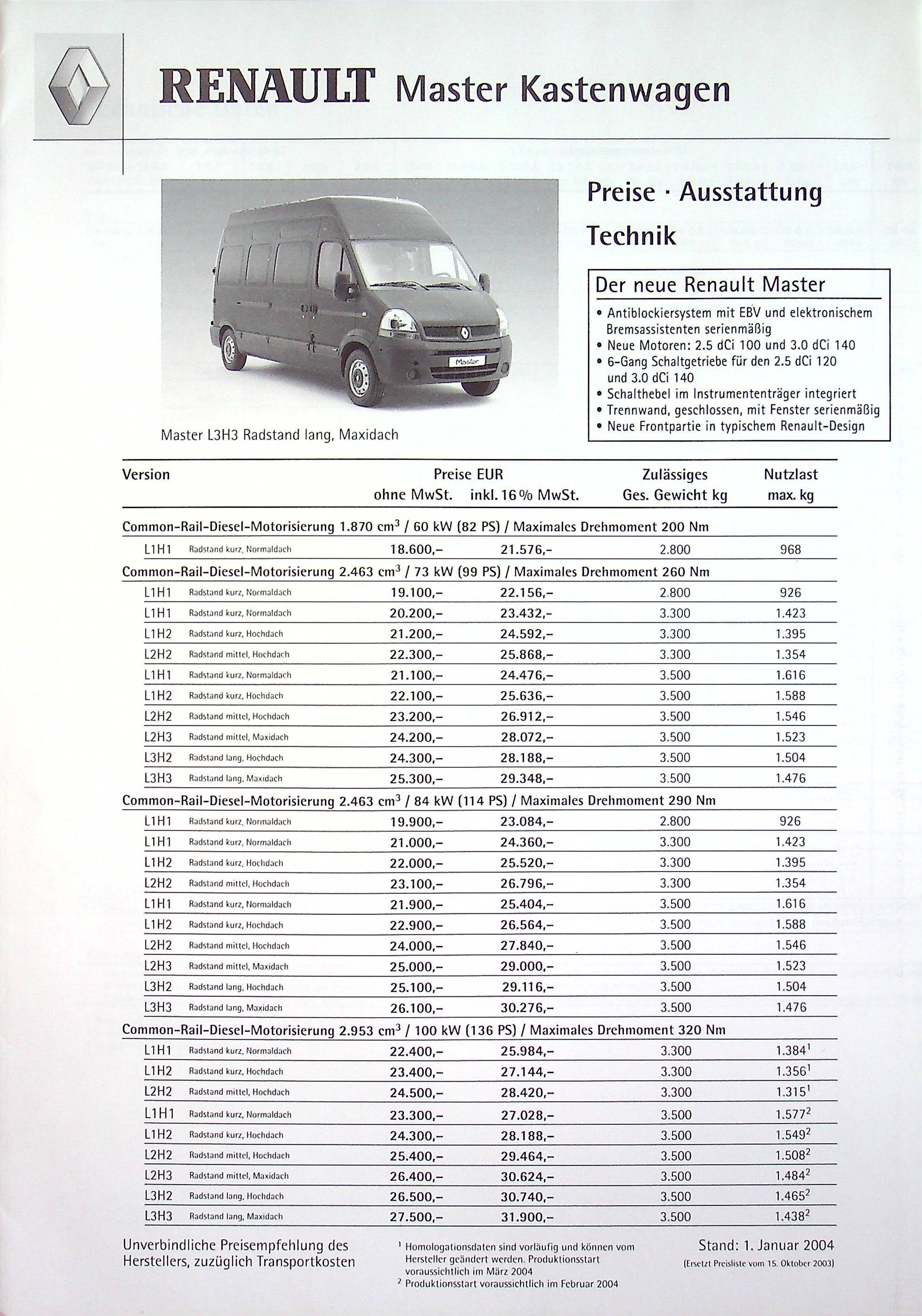 Renault Master Kasten - Preisliste & Extras - Prospekt 01/2004