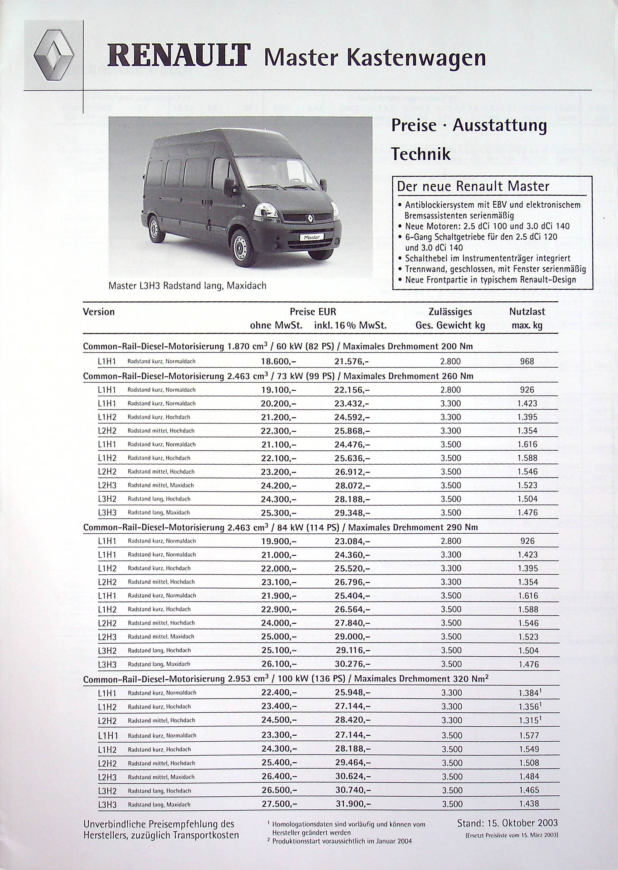 Renault Master Kasten - Preisliste & Extras - Prospekt 10/2003