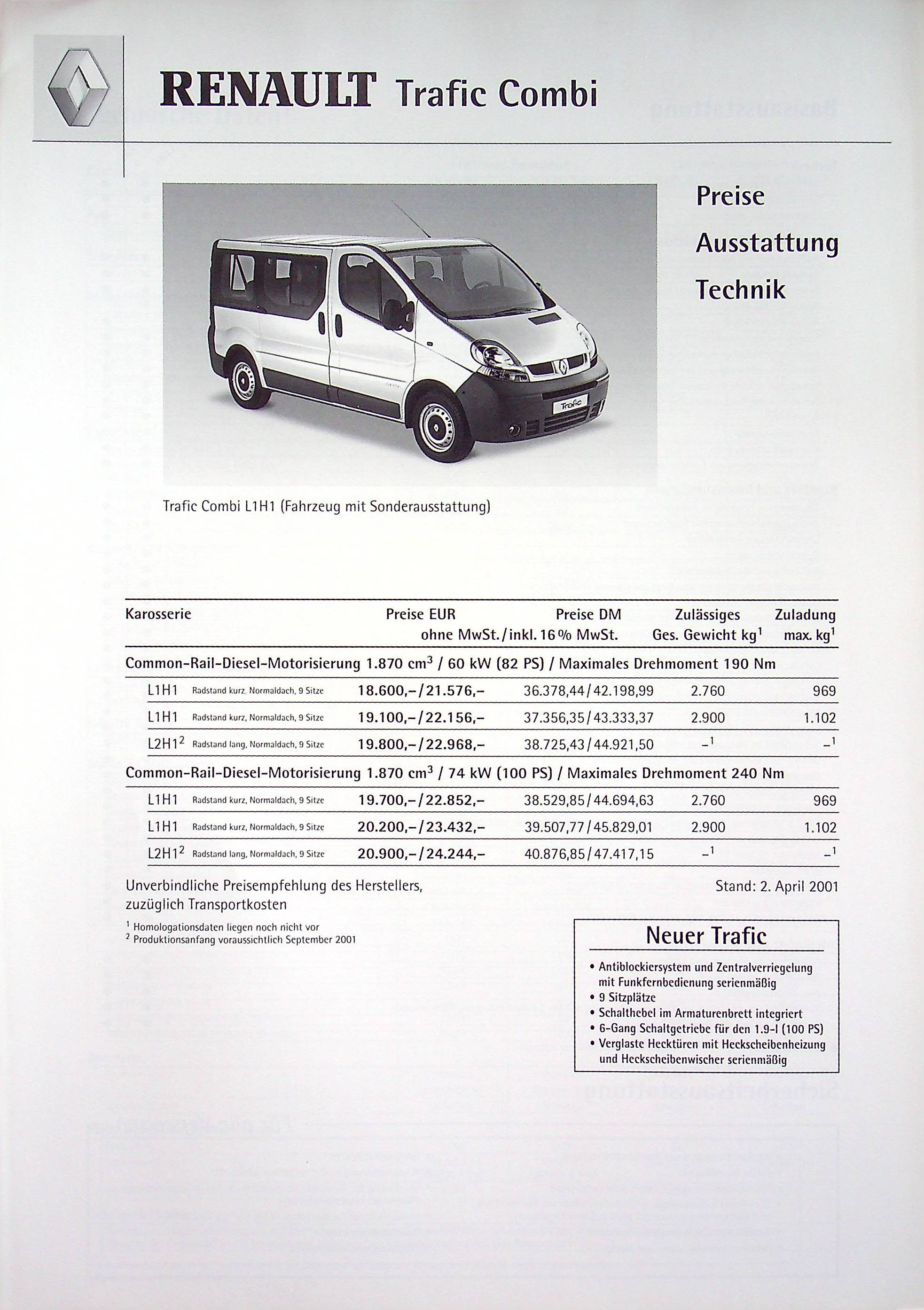 Renault Trafic Combi - Preisliste & Extras - Prospekt 04/2001
