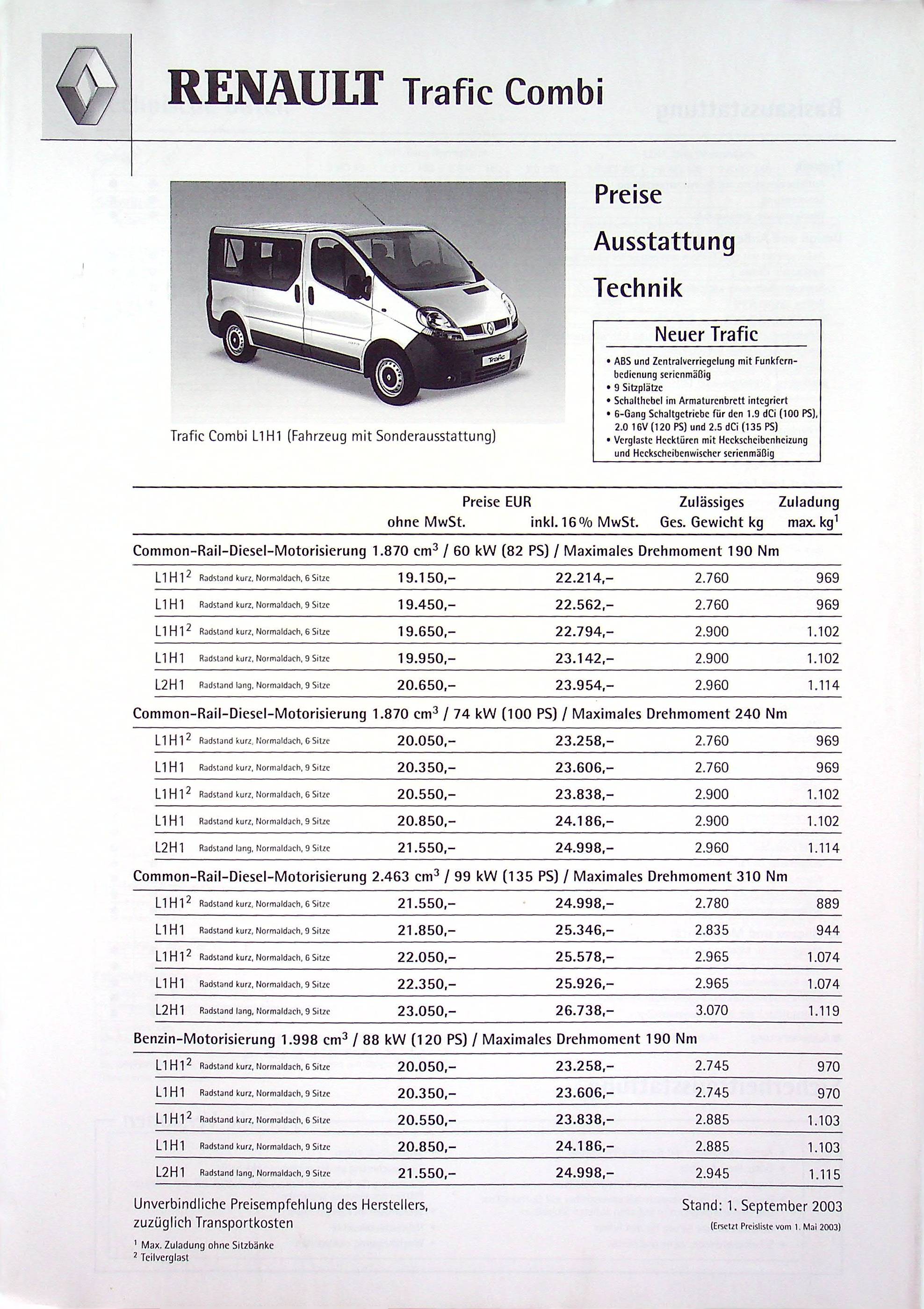 Renault Trafic Combi - Preisliste & Extras - Prospekt 09/2003