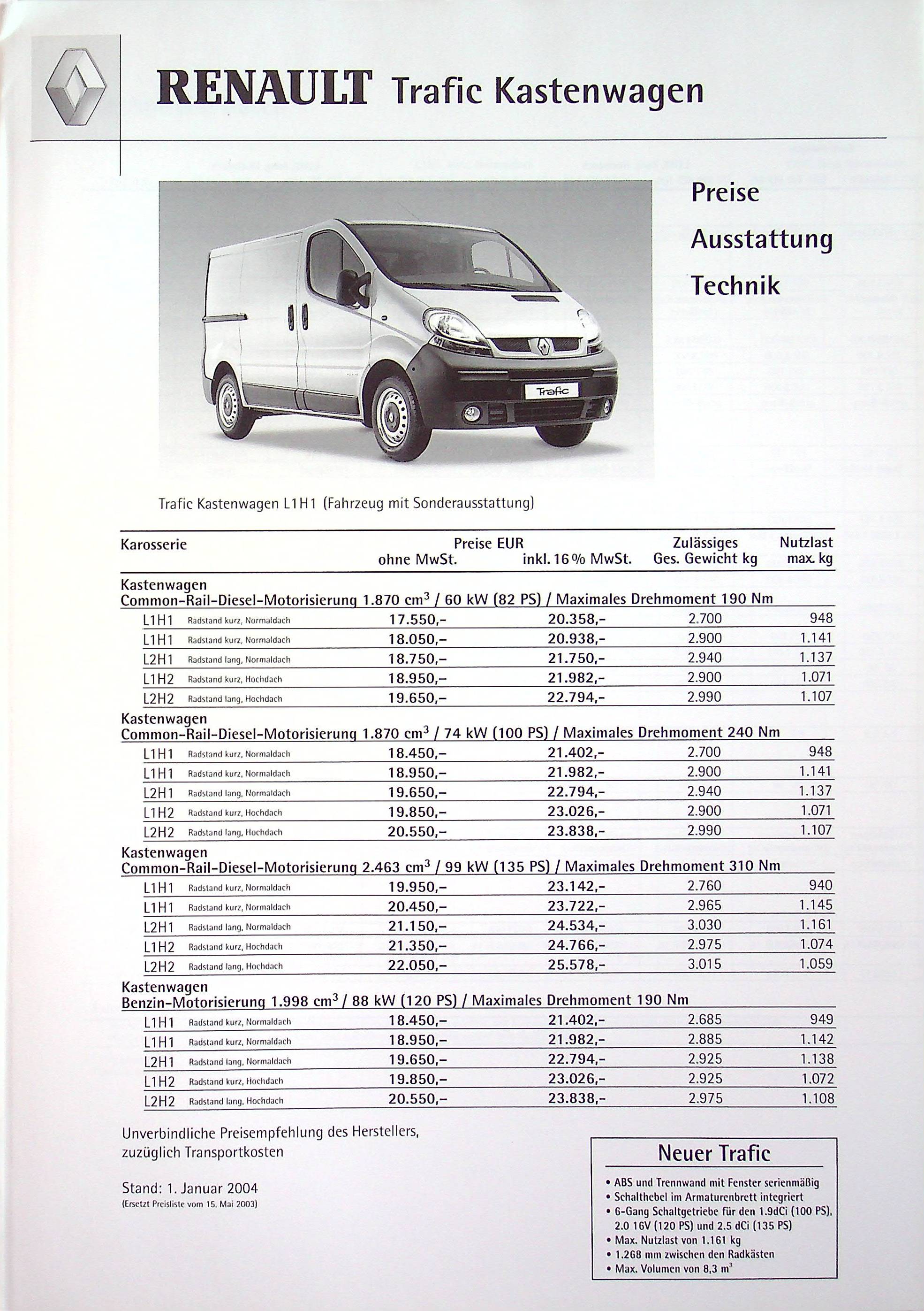 Renault Trafic Kasten - Preisliste & Extras - Prospekt 01/2004