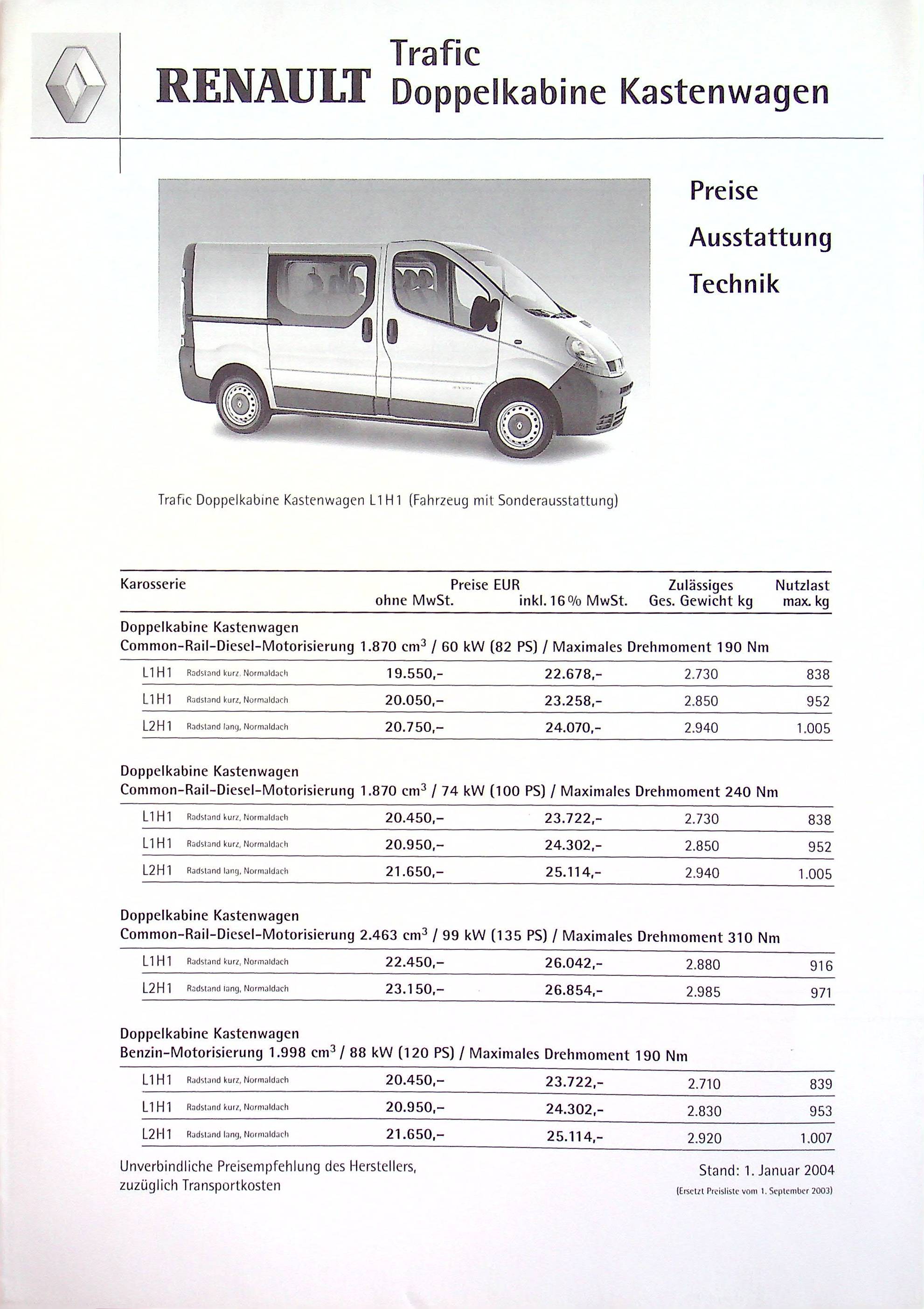 Renault Trafic Doka - Preisliste & Extras - Prospekt 01/2004