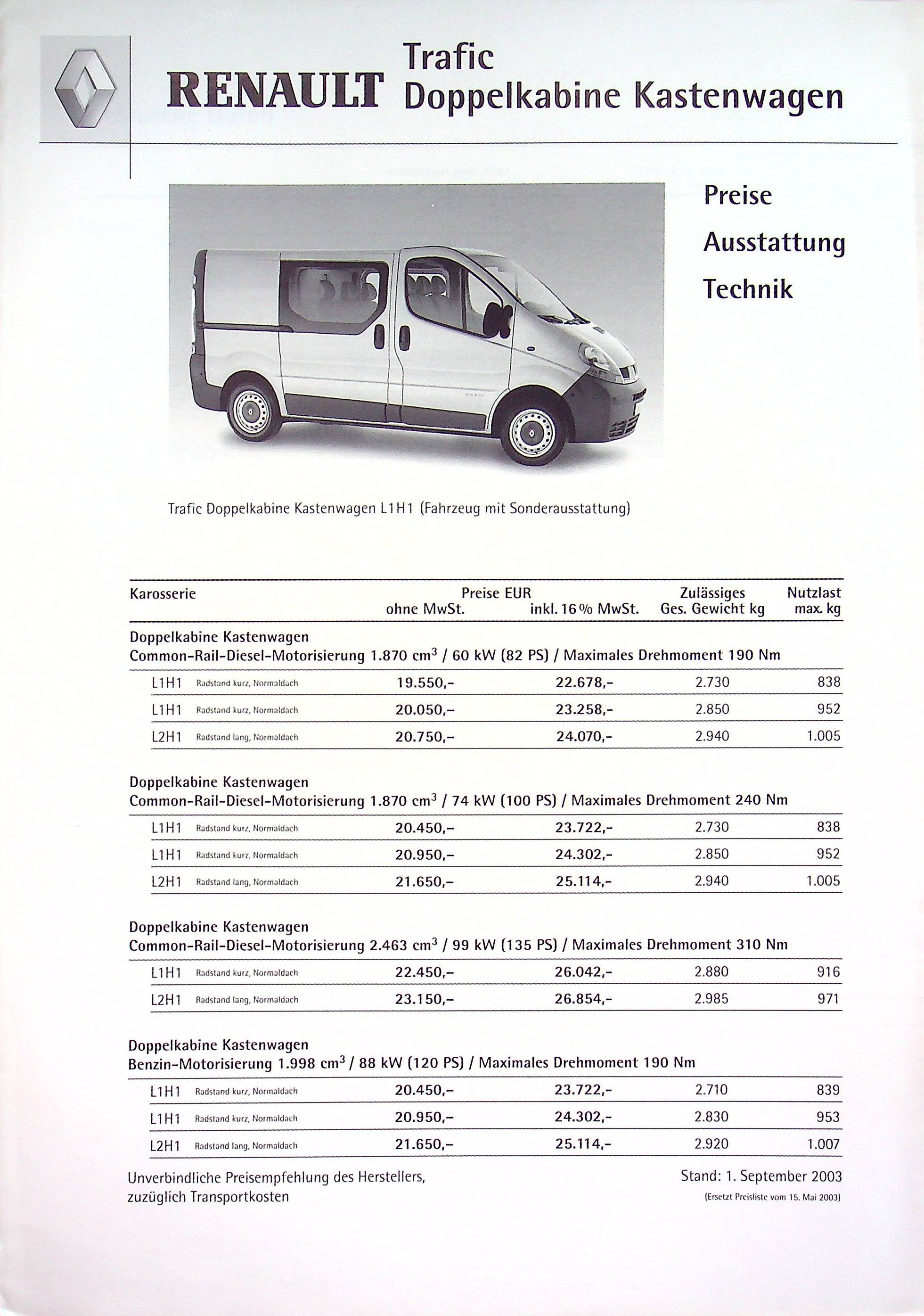Renault Trafic Doka - Preisliste & Extras - Prospekt 09/2003