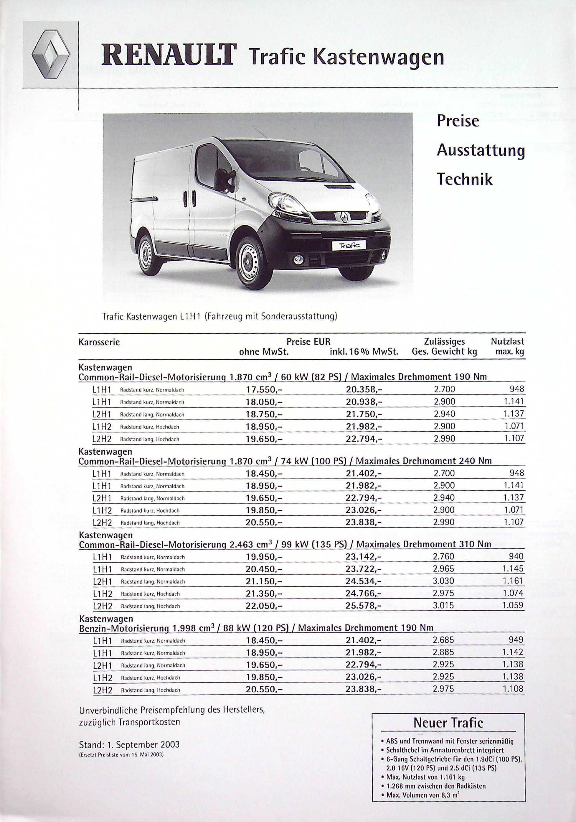 Renault Trafic Kasten - Preisliste & Extras - Prospekt 09/2003