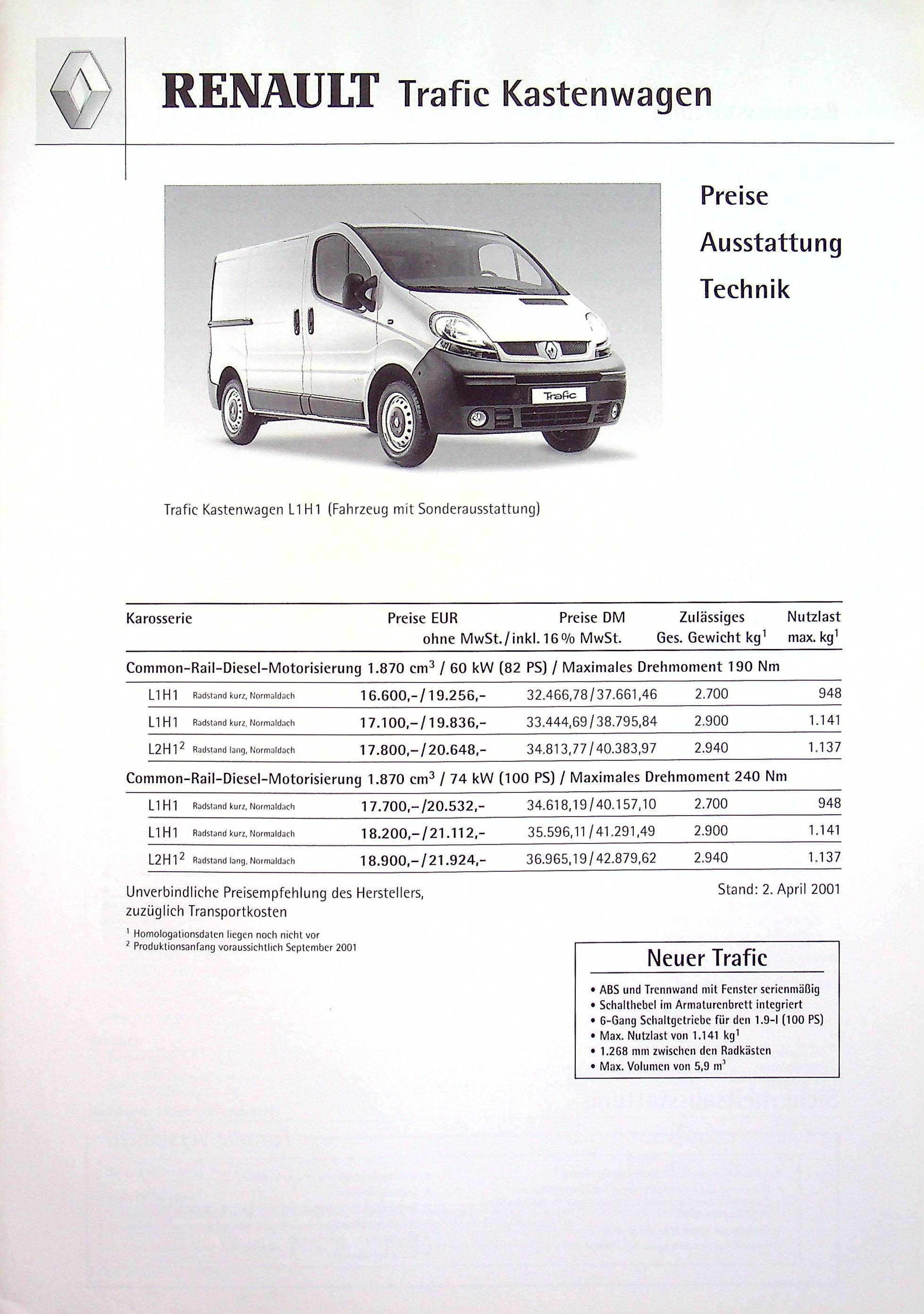 Renault Trafic Kasten - Preisliste & Extras - Prospekt 04/2001