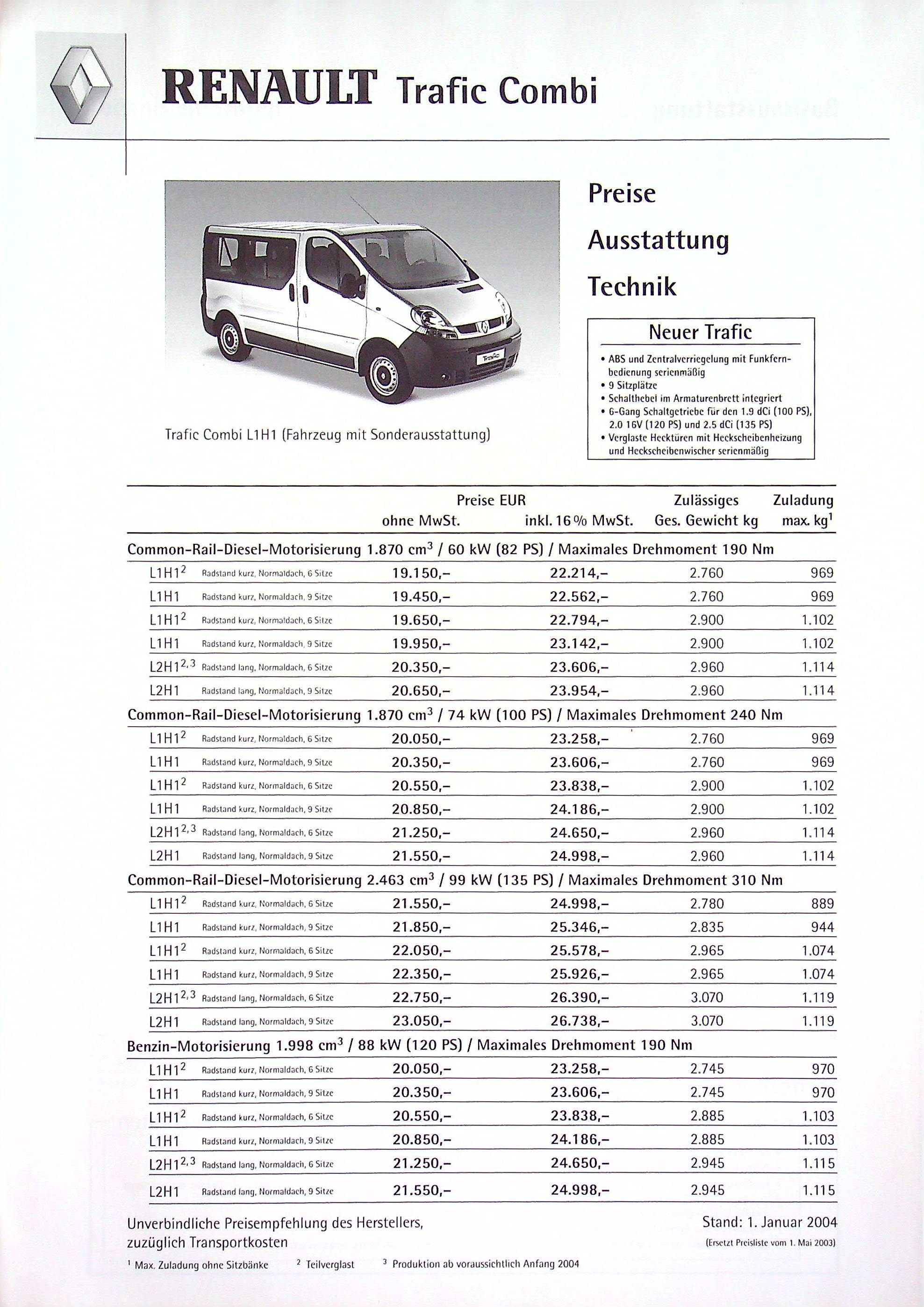 Renault Trafic Combi - Preisliste & Extras - Prospekt 01/2004