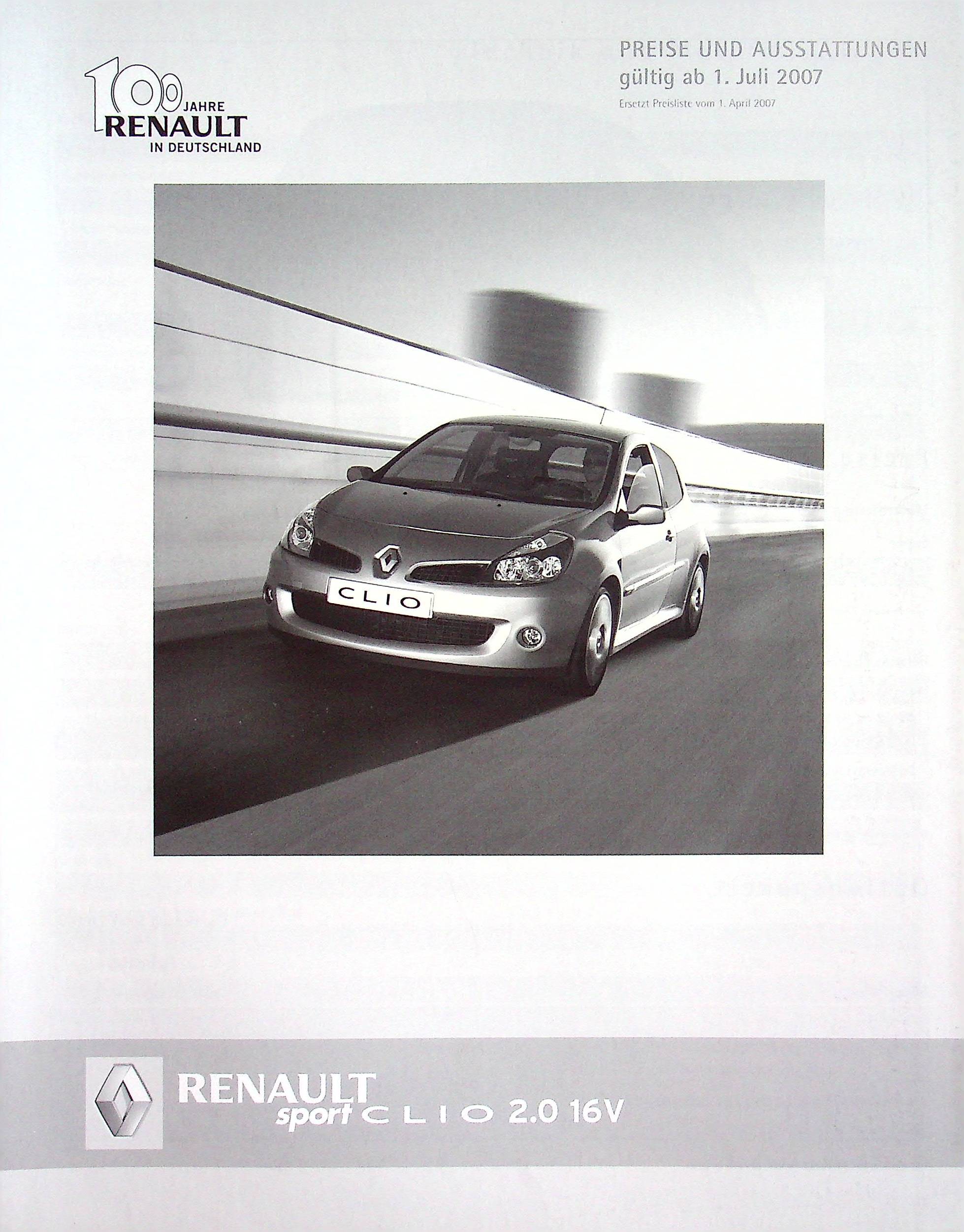 Renault Clio C RS 2.0 16V - Preisliste - Prospekt 07/2007