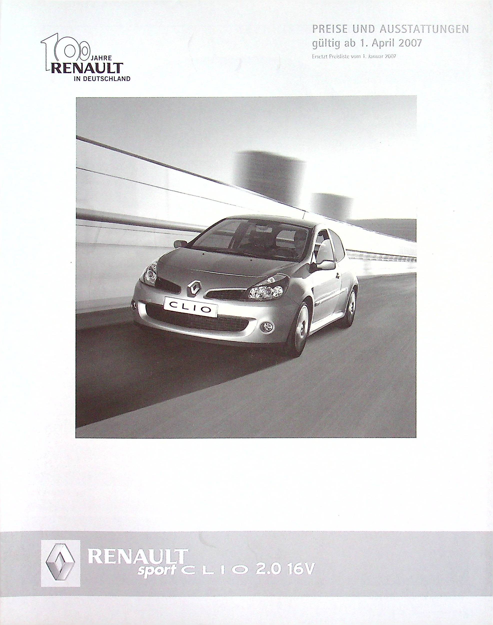 Renault Clio C RS 2.0 16V - Preisliste - Prospekt 04/2007