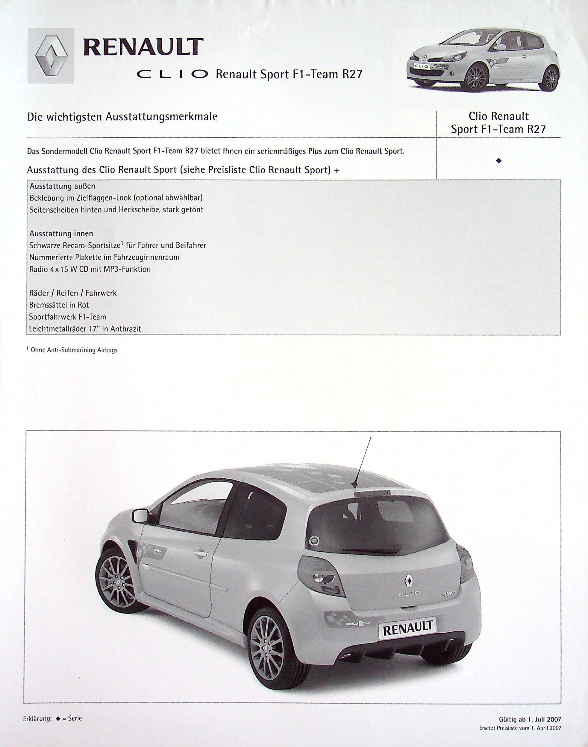 Renault Clio C RS F1-Team - Preisliste - Prospekt 07/2007