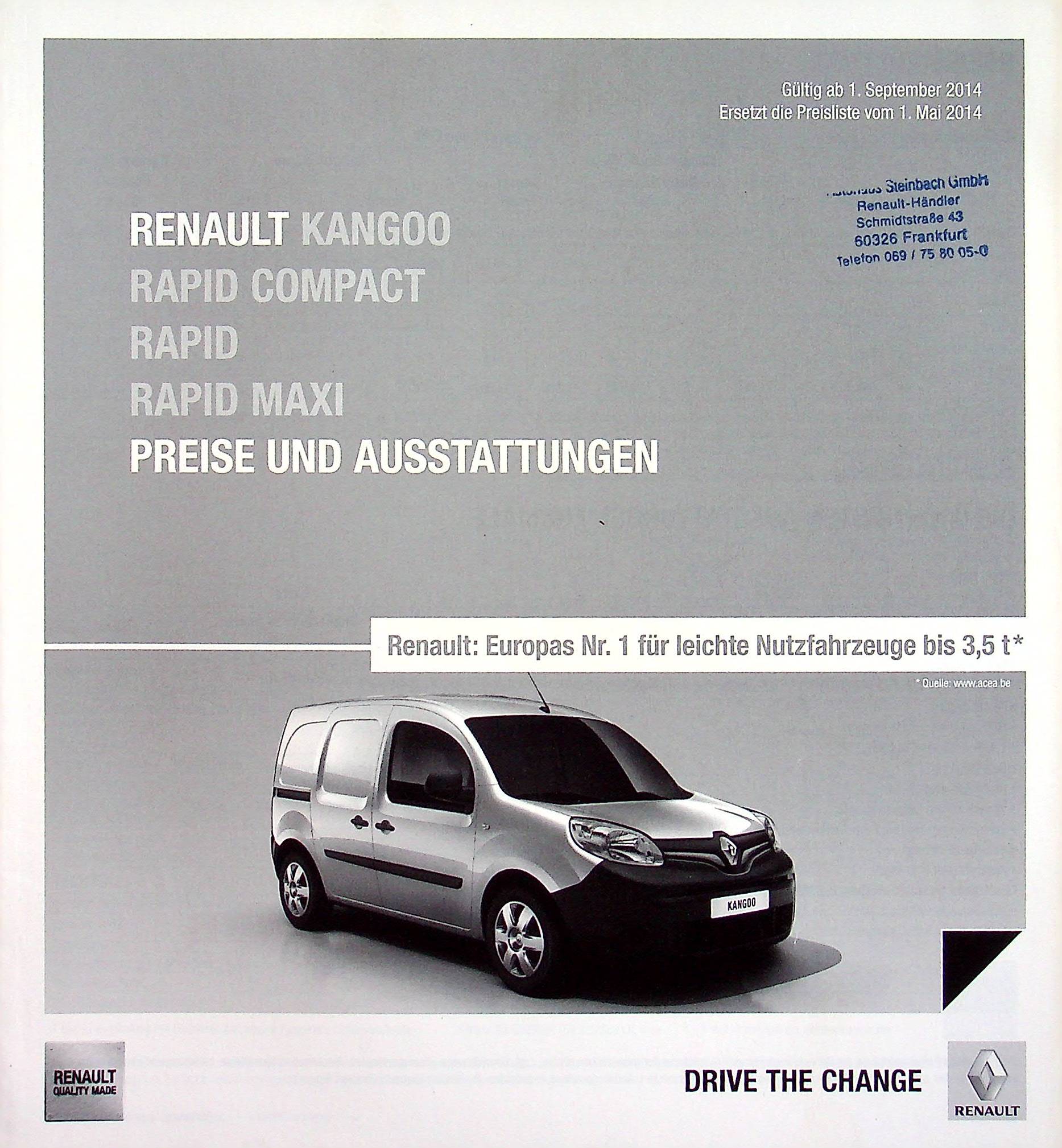Renault Kangoo Rapid - Preisliste & Extras - Prospekt 09/2014