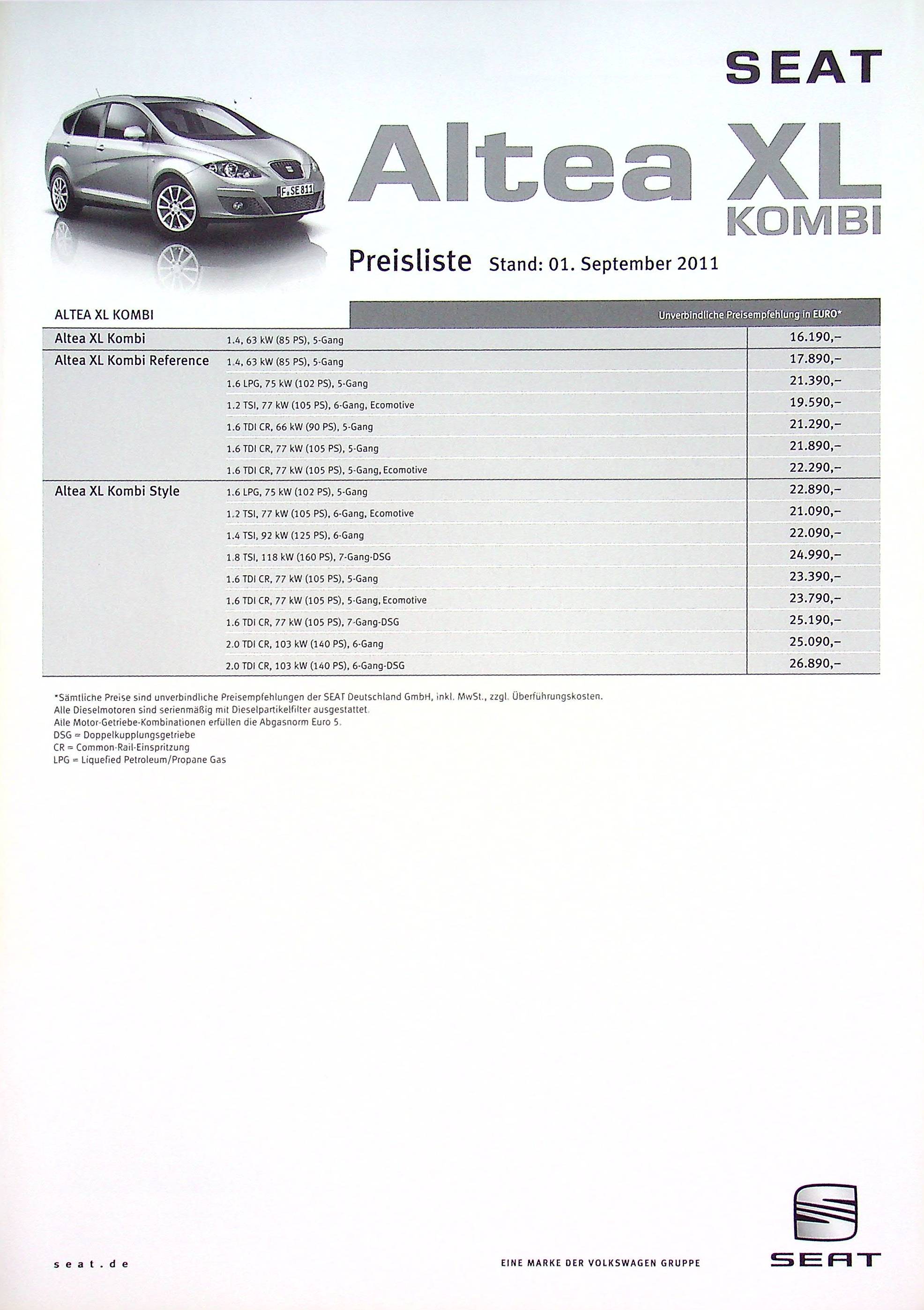 Seat Altea - XL Kombi - Preisliste & Extras - Prospekt 09/2011