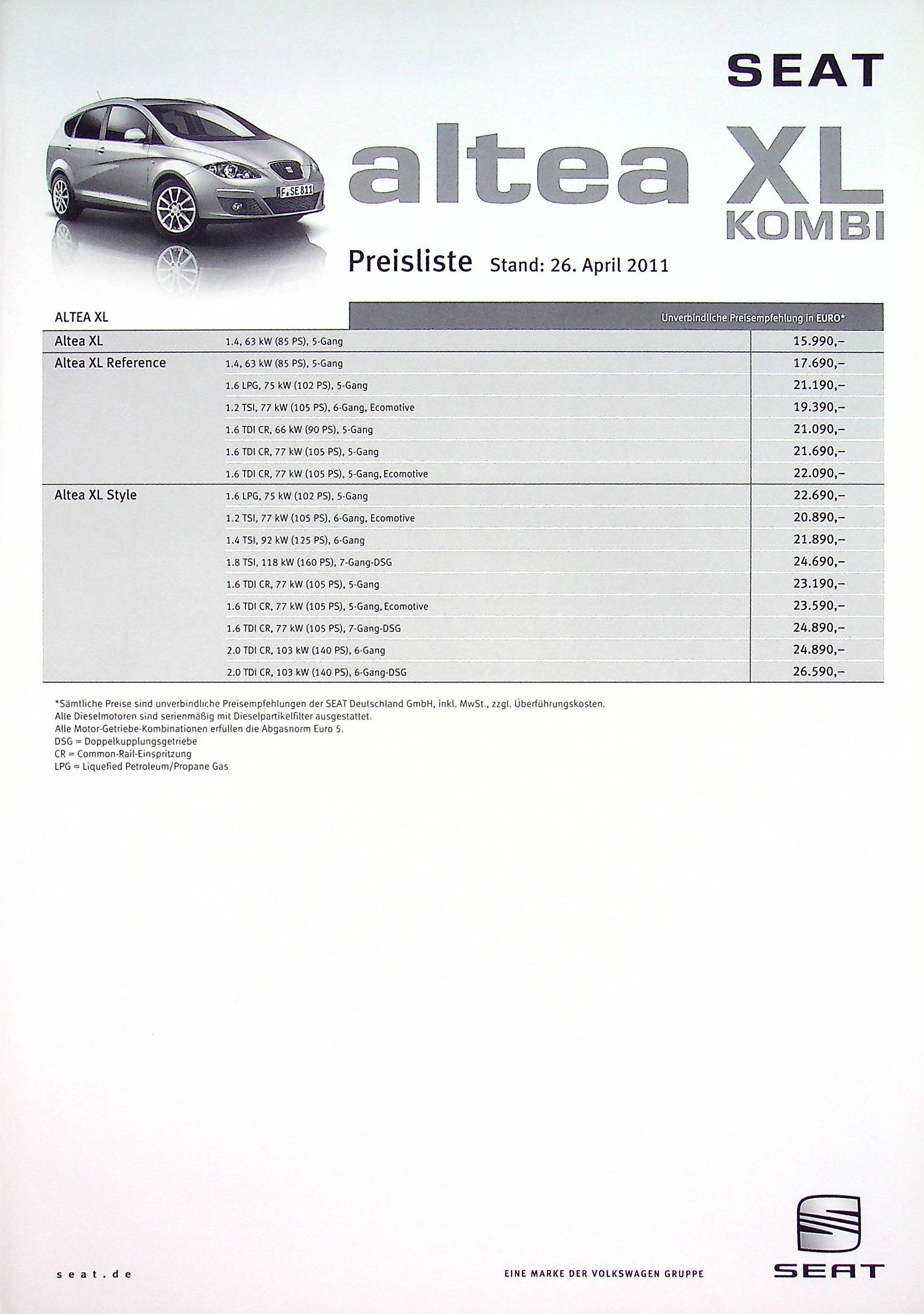 Seat Altea - XL Kombi - Preisliste & Extras - Prospekt 04/2011