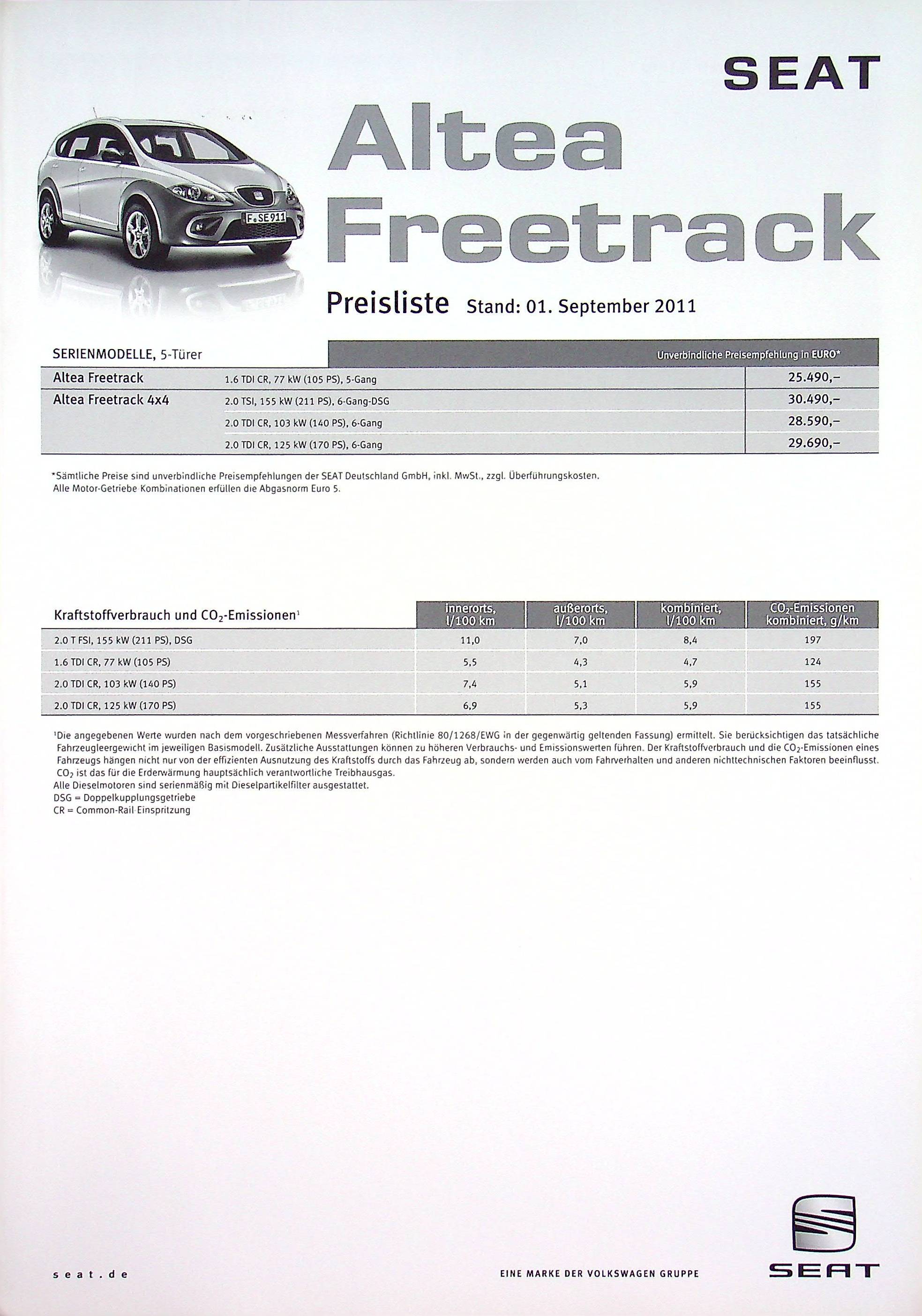 Seat Altea - Freetrack - Preisliste & Extras - Prospekt 09/2011