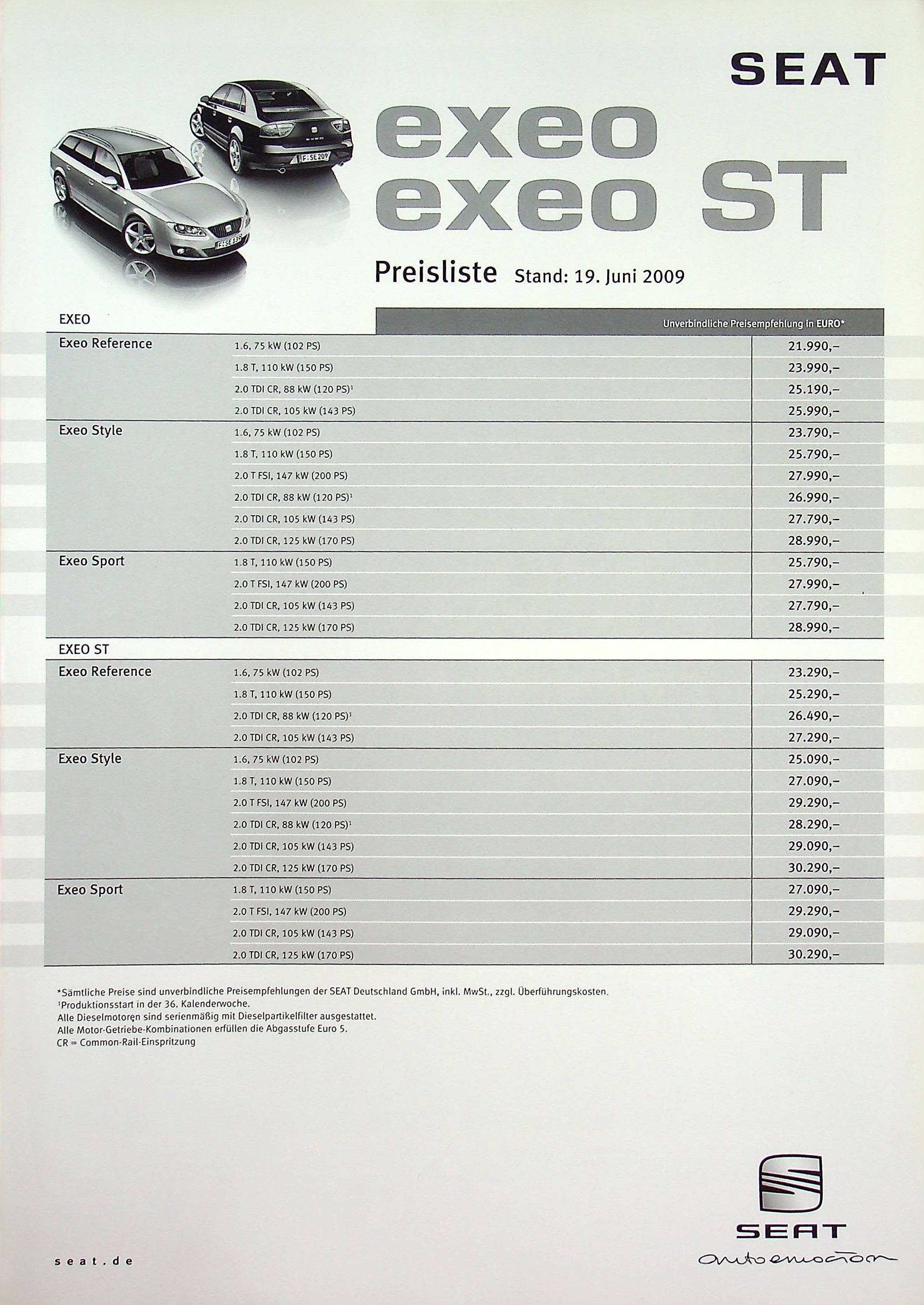 Seat Exeo + ST - Preisliste & Extras - Prospekt 06/2009