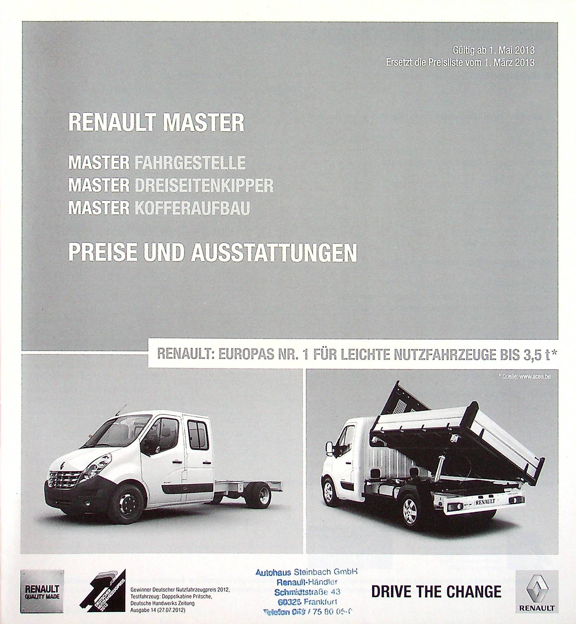 Renault Master Fahrgestelle - Preisliste & Extras - Prospekt 05/2013