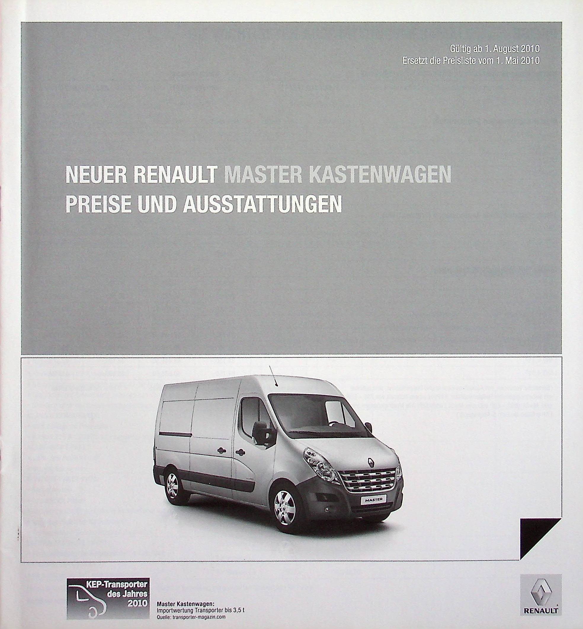 Renault Master Kasten - Preisliste & Extras - Prospekt 08/2010