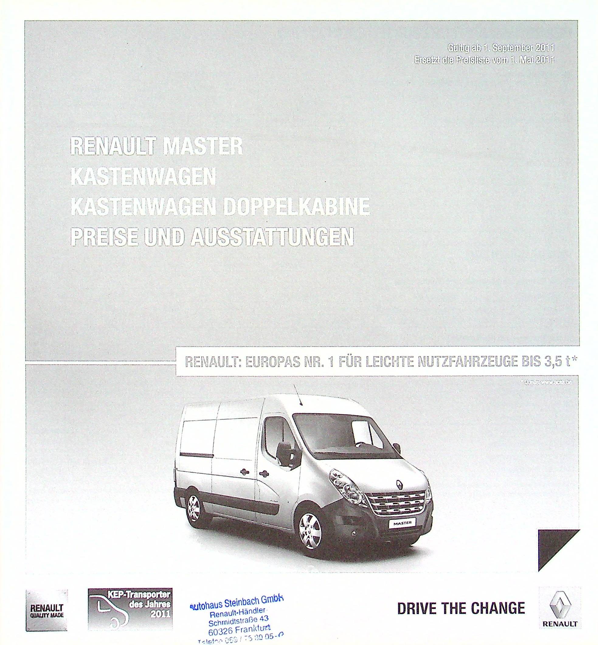 Renault Master Kasten - Preisliste & Extras - Prospekt 09/2011