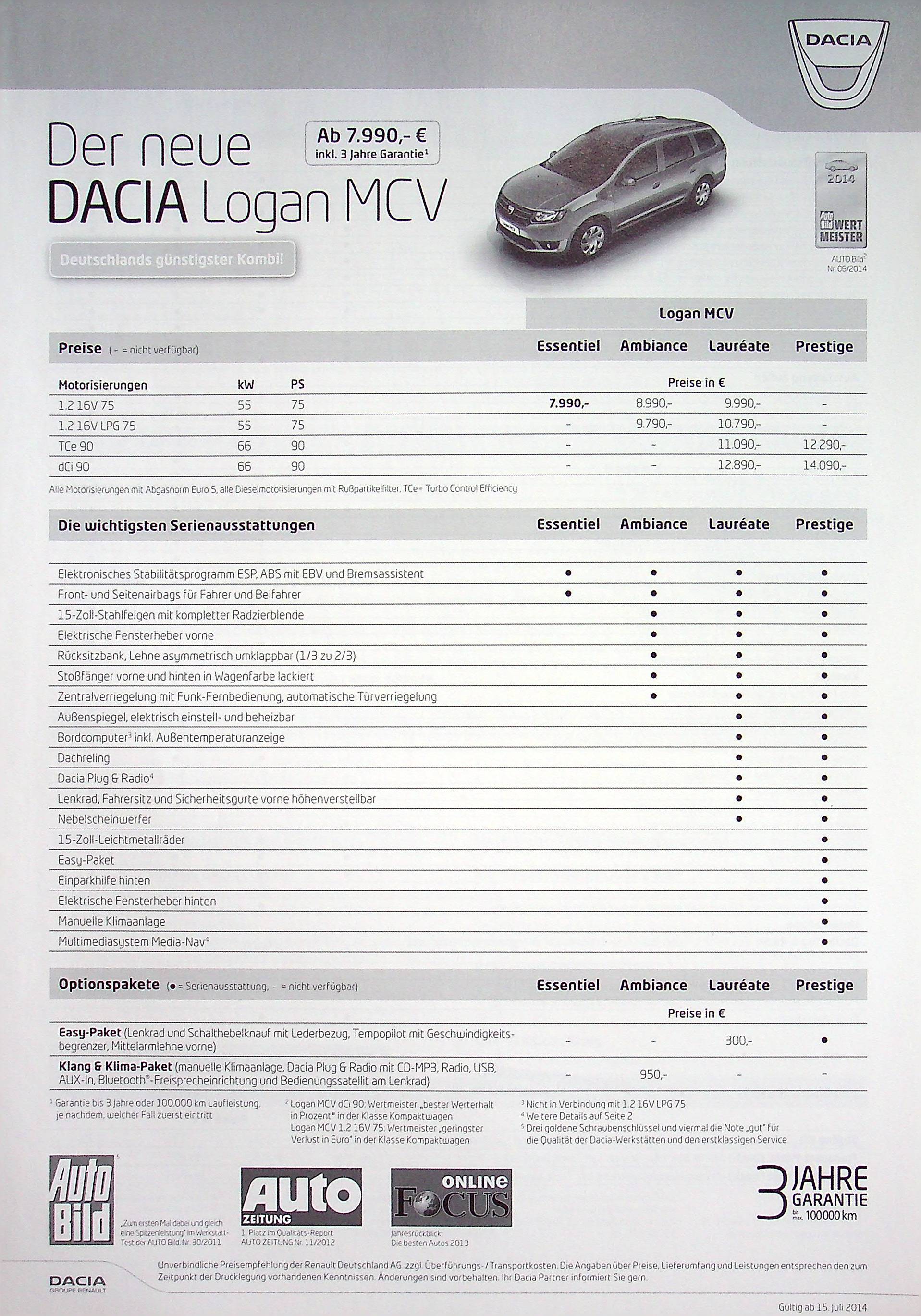 Dacia Logan MCV - Preisliste & Extras - Prospekt 07/2014