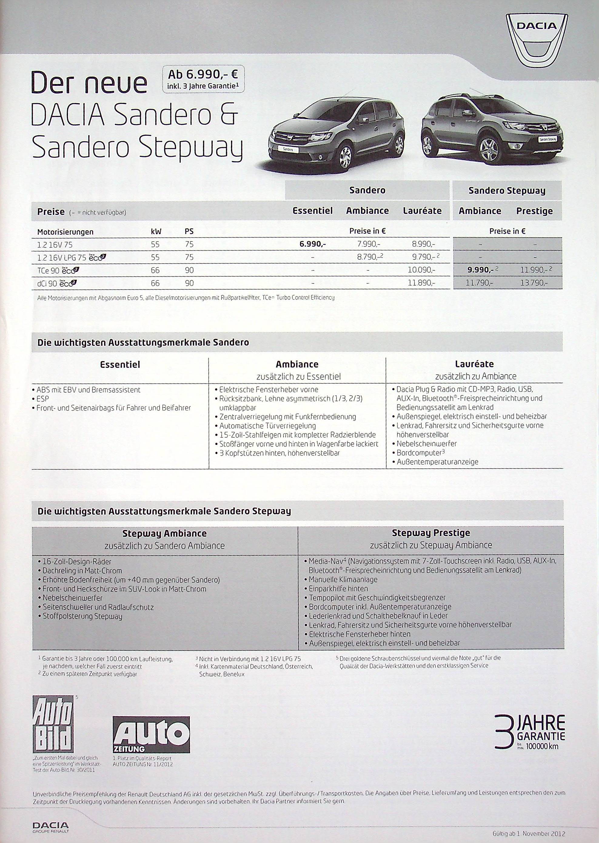 Dacia Sandero + Stepway - Preisliste & Extras - Prospekt 11/2012
