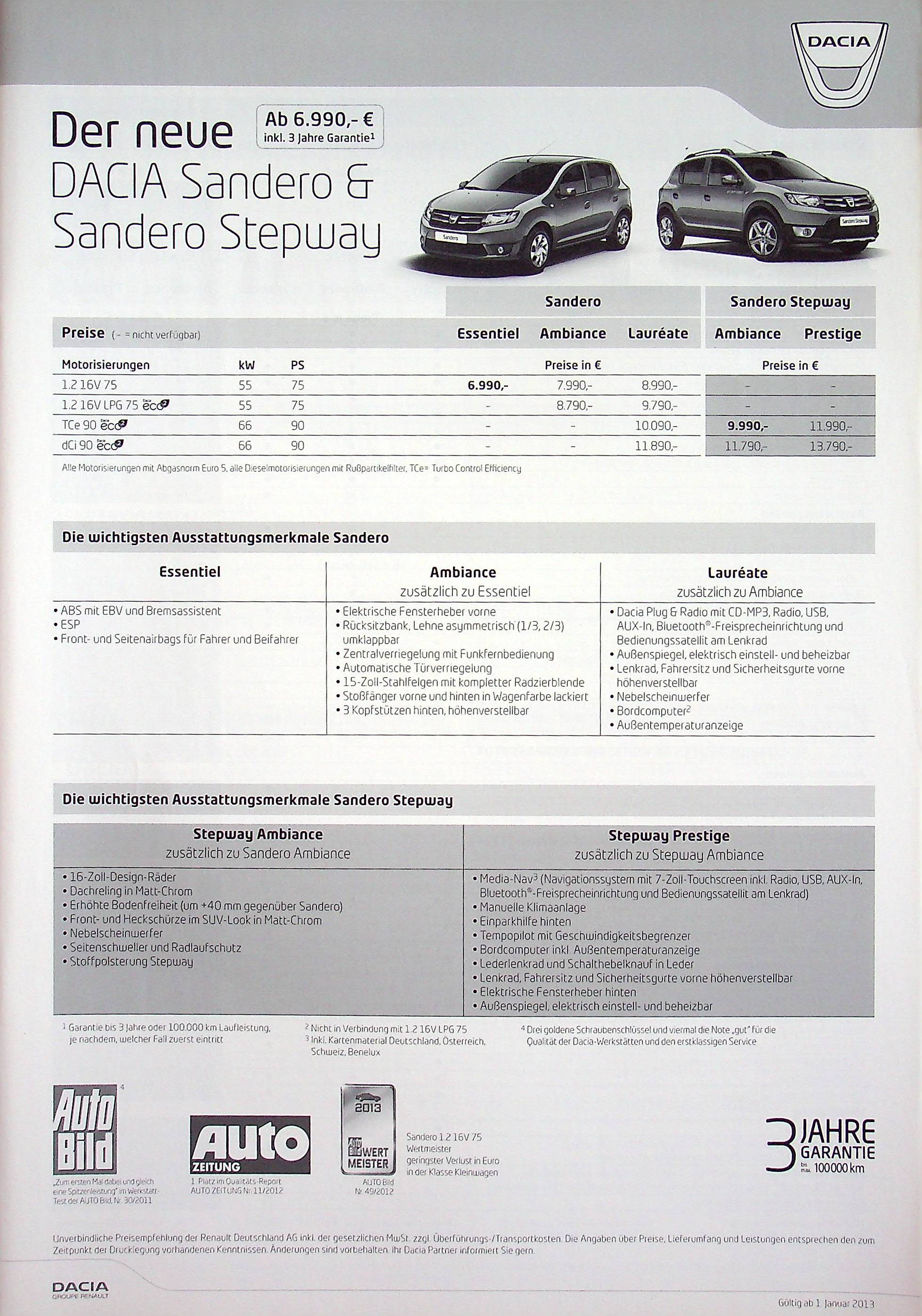 Dacia Sandero + Stepway - Preisliste & Extras - Prospekt 01/2013