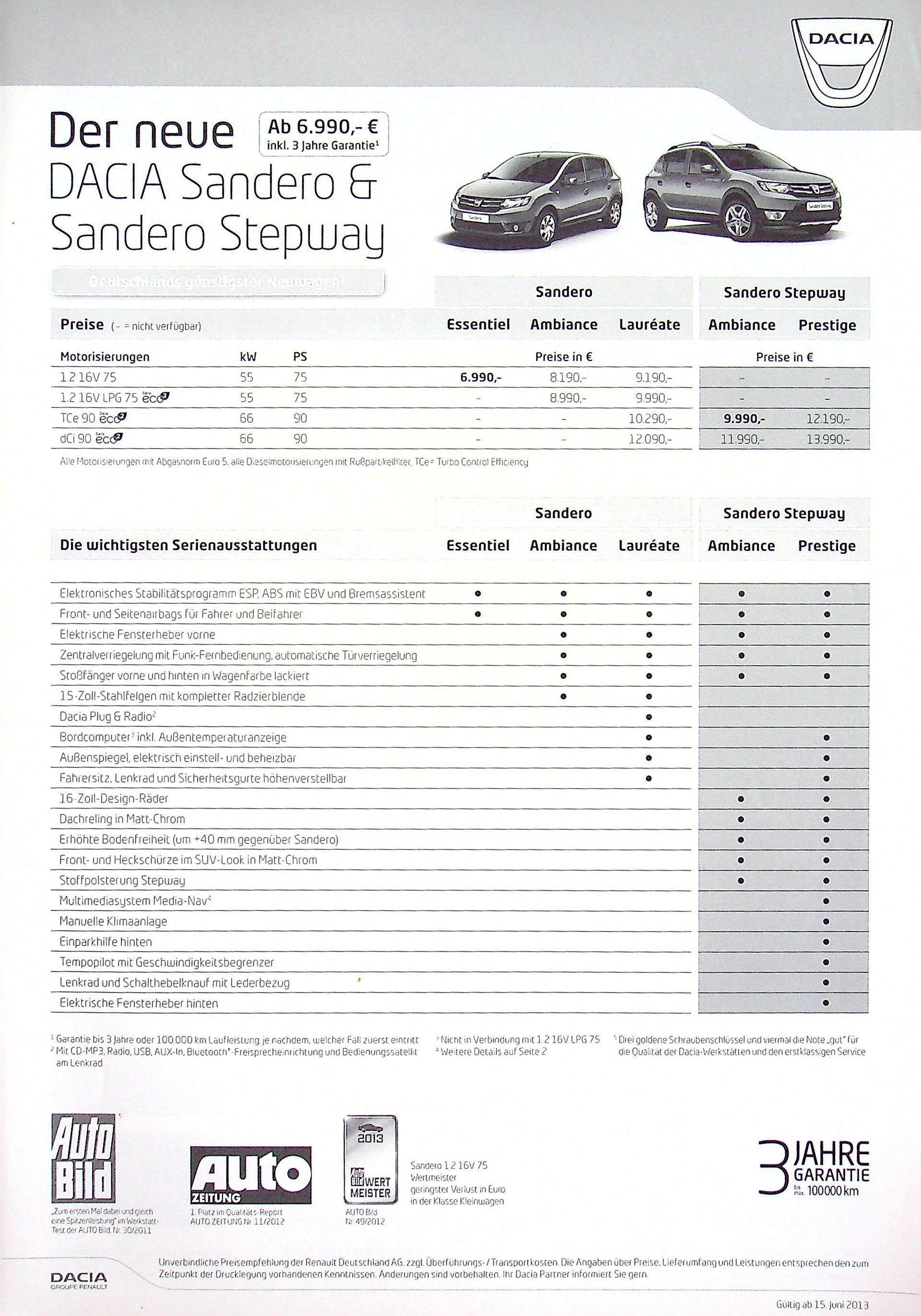 Dacia Sandero + Stepway - Preisliste & Extras - Prospekt 06/2013
