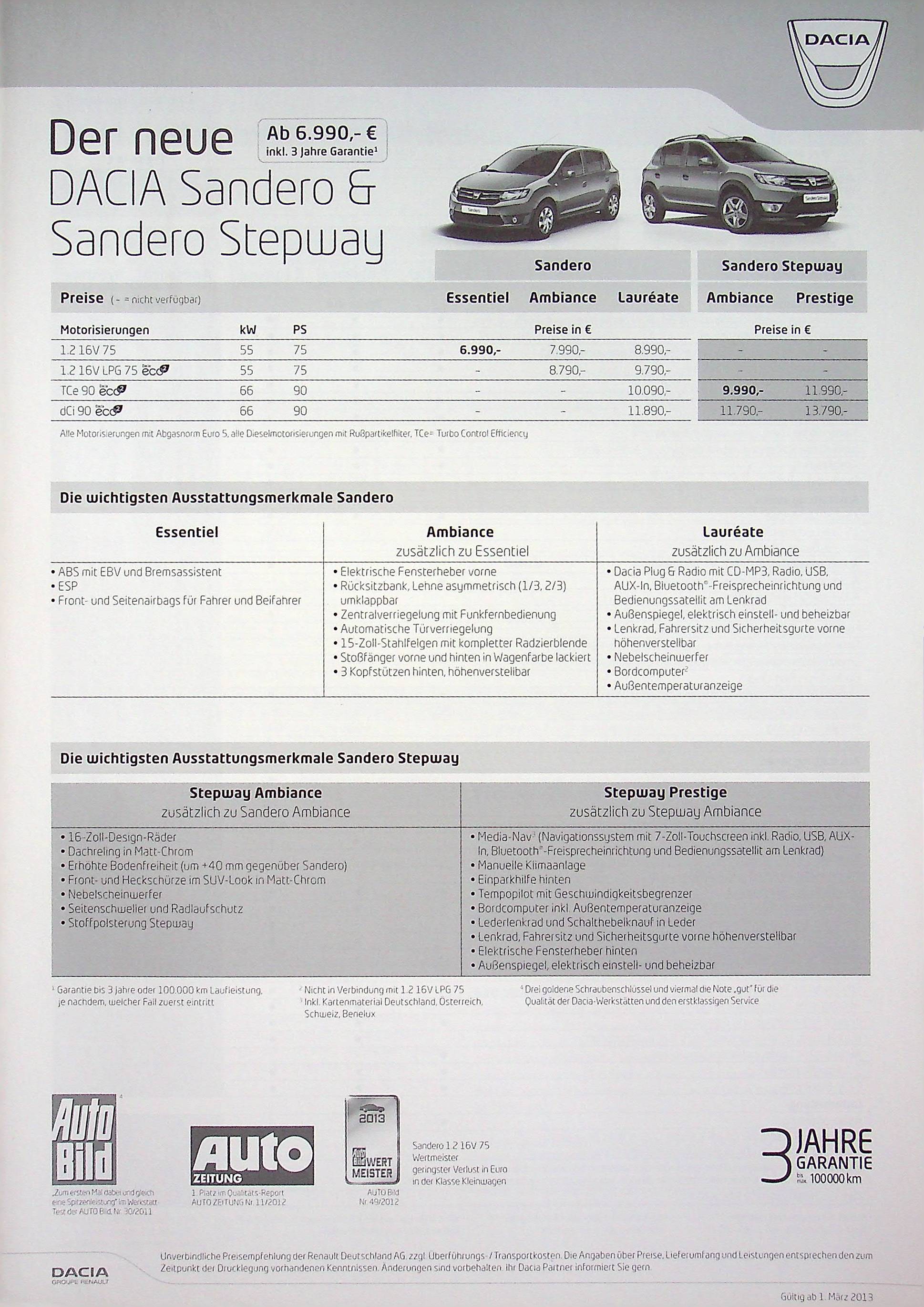 Dacia Sandero + Stepway - Preisliste & Extras - Prospekt 03/2013