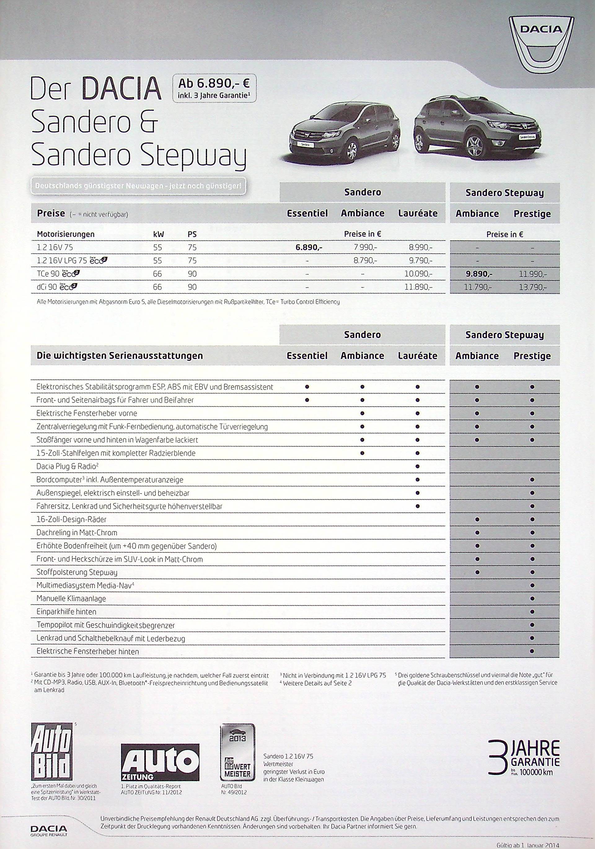 Dacia Sandero + Stepway - Preisliste & Extras - Prospekt 01/2014