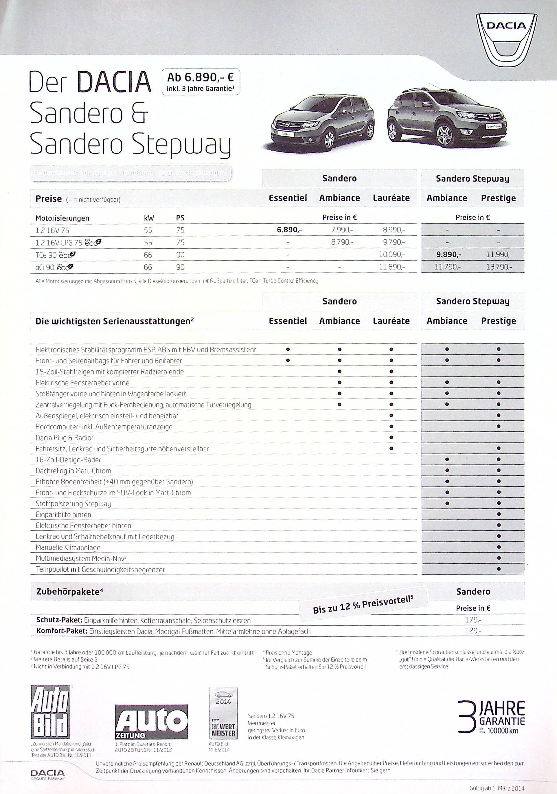 Dacia Sandero + Stepway - Preisliste & Extras - Prospekt 03/2014