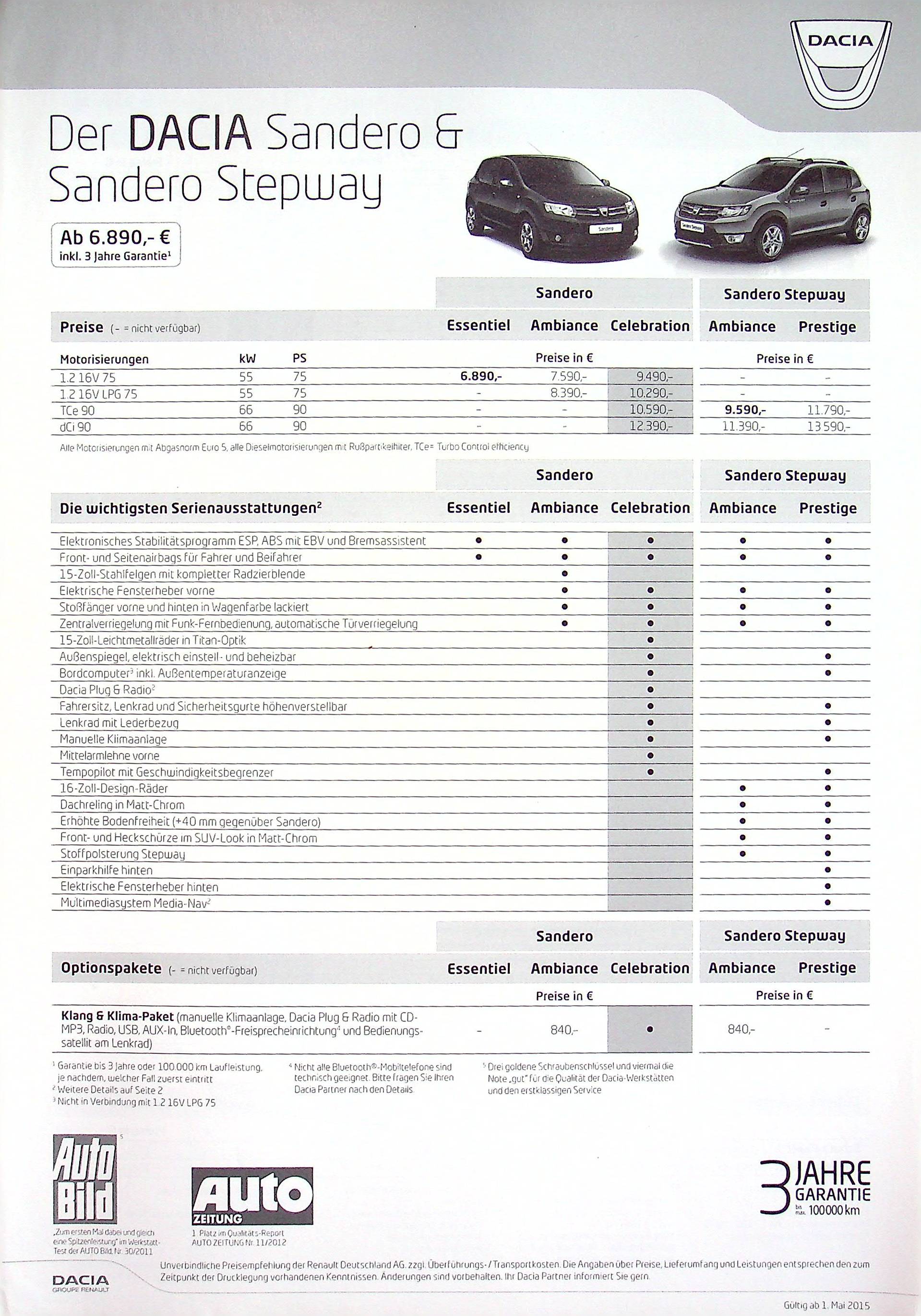 Dacia Sandero + Stepway - Preisliste & Extras - Prospekt 05/2015