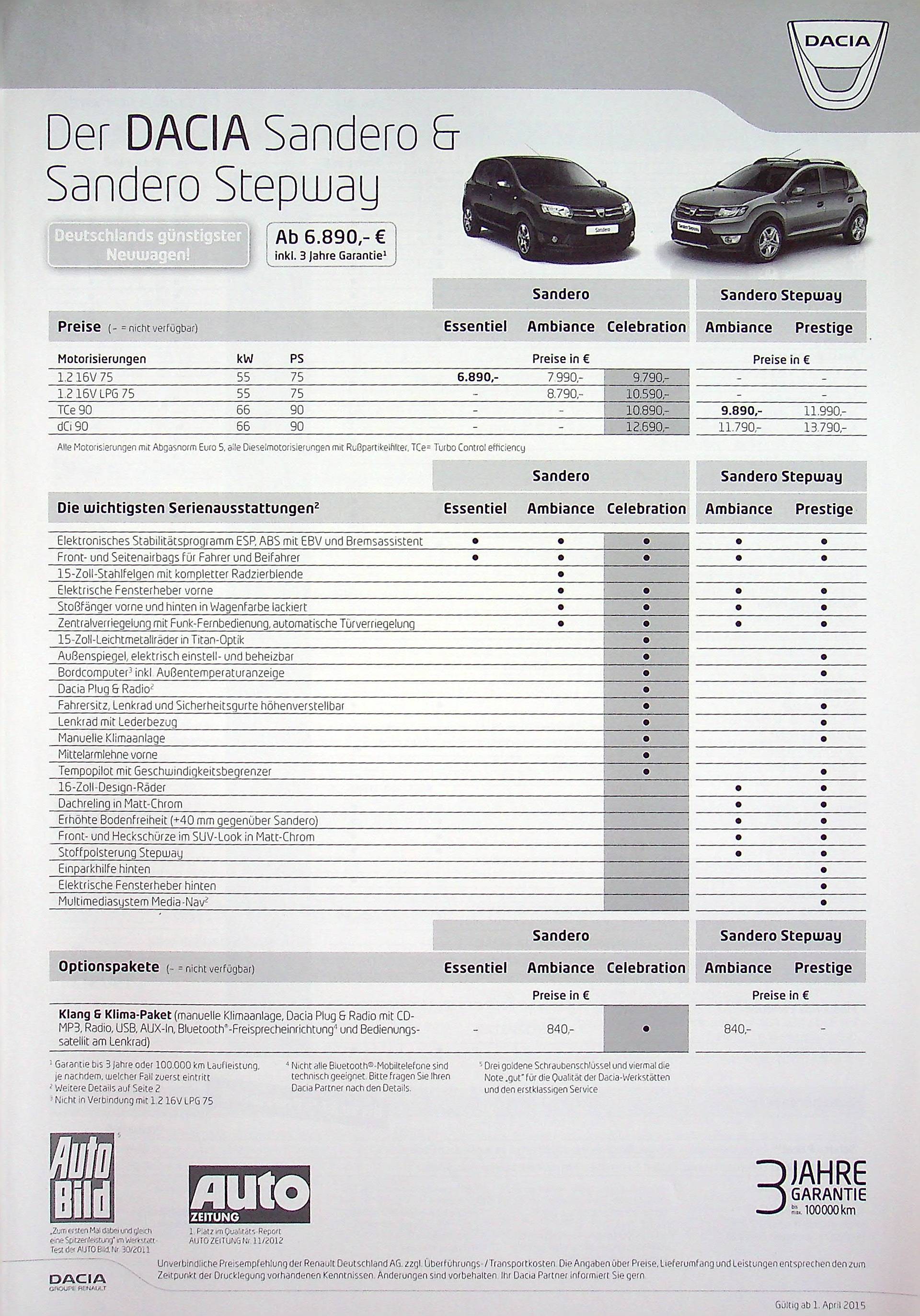 Dacia Sandero + Stepway - Preisliste & Extras - Prospekt 04/2015