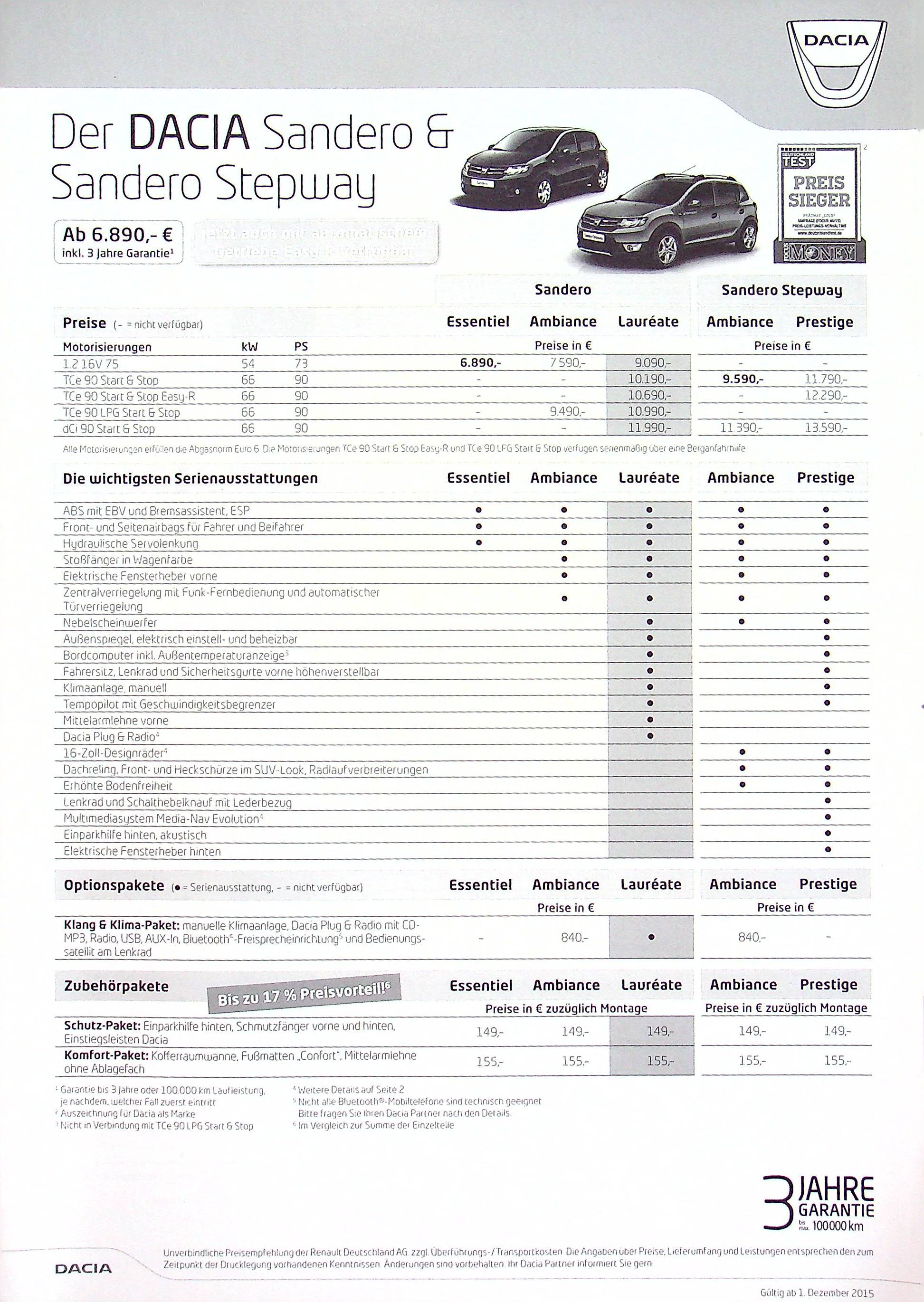 Dacia Sandero + Stepway - Preisliste & Extras - Prospekt 12/2015