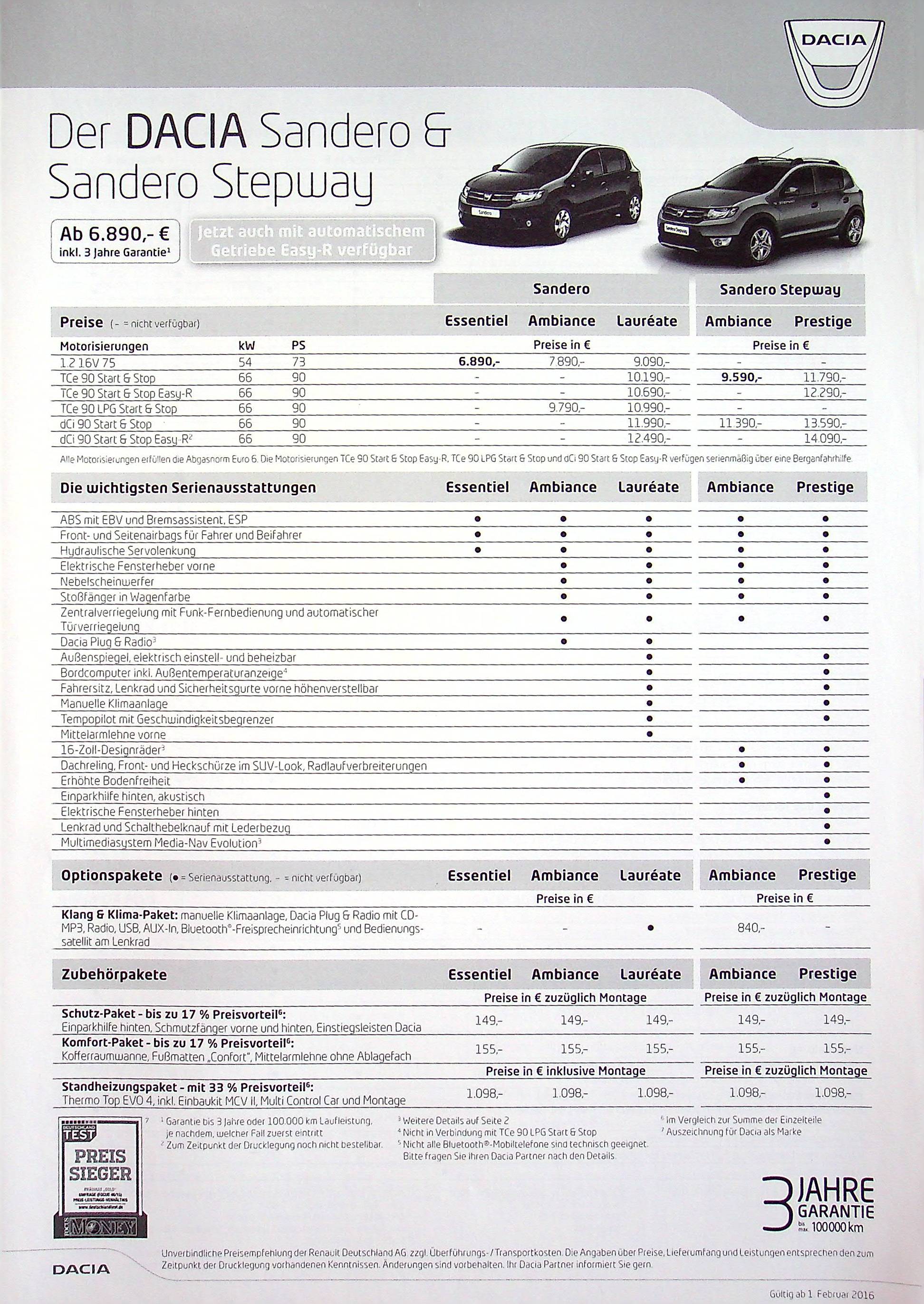Dacia Sandero + Stepway - Preisliste & Extras - Prospekt 02/2016