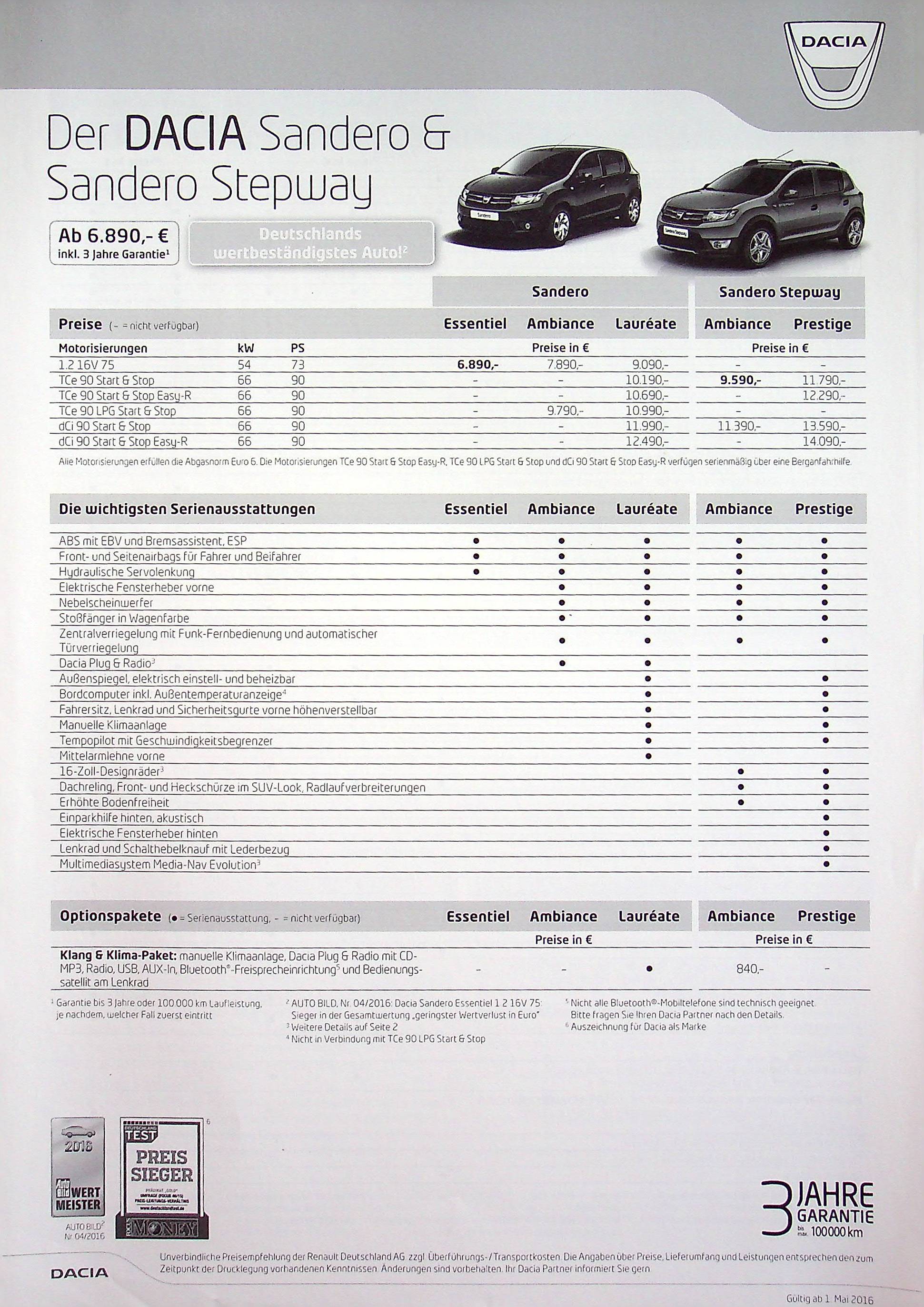 Dacia Sandero + Stepway - Preisliste & Extras - Prospekt 05/2016