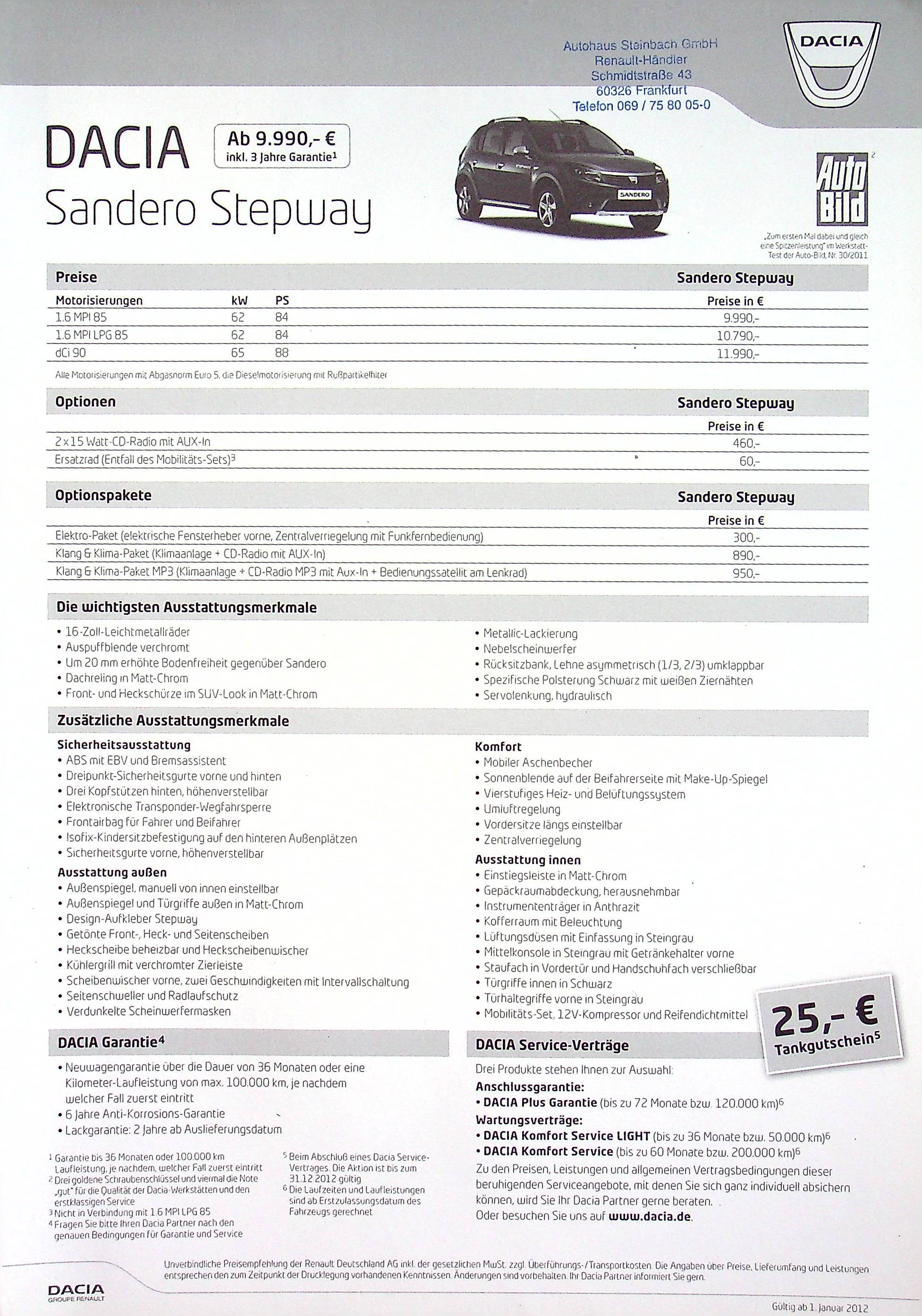 Dacia Sandero Stepway - Preisliste & Extras - Prospekt 01/2012